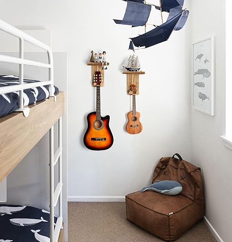 Miniatura 15 de Keebofly Soporte de pared para guitarra, paquete de 3, colgador de guitarra de madera rústica con soporte para púas para acústico, eléctrico, bajo