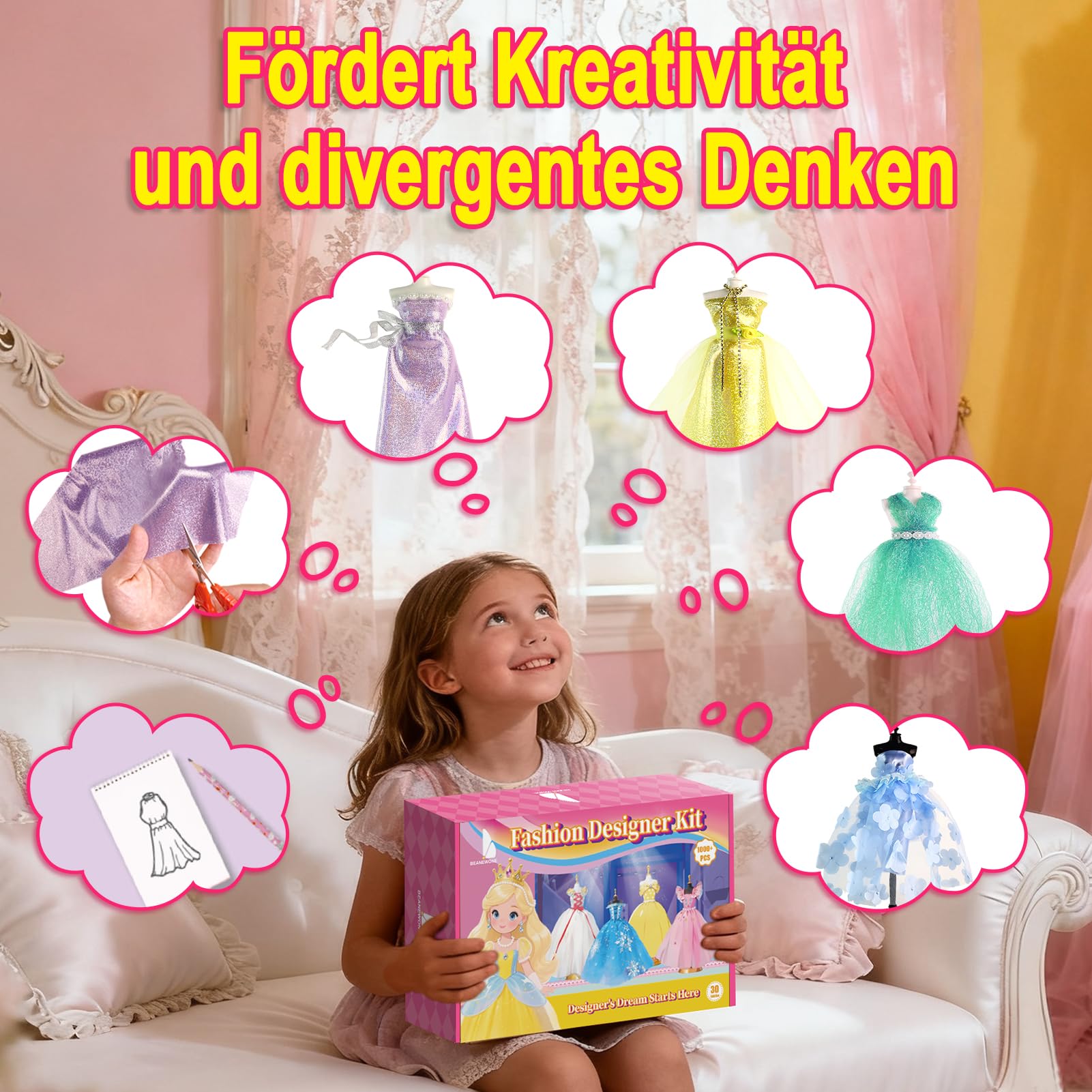 Beanewone Modedesign Mädchen 1000+ Stücke, Nähsets Kinder Enthält 30 Stoffstücke und 6 Schneiderpuppe, Fashion Design Basteln ab 6 Jahre, Modedesign Mädchen Bastelset ab 6 7 8 9 10 11 12+ Jahre
