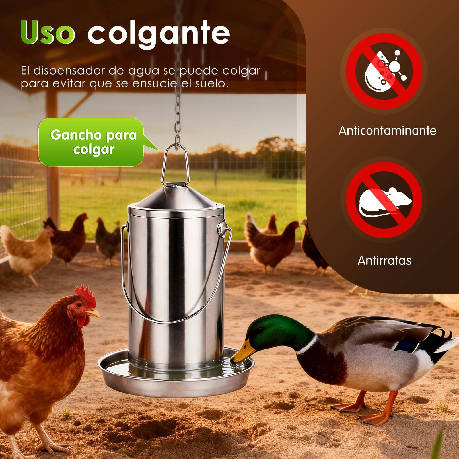 Bebedero para Pollos de Acero Inoxidable 4 litros, dispensador de Agua para Aves con Recarga automática por Gravedad, Fuente de Agua para Colgar o Colocar en el Suelo, Ideal para Patos, Palomas