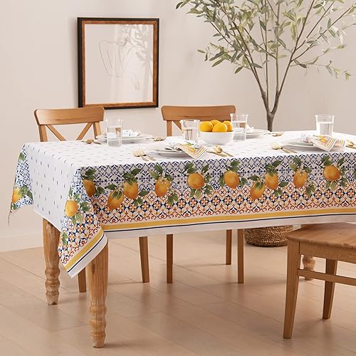 Elrene Home Fashions Capri Lemon - Mantel de tela mediterránea de doble borde, rectangular, 60 x 144 pulgadas