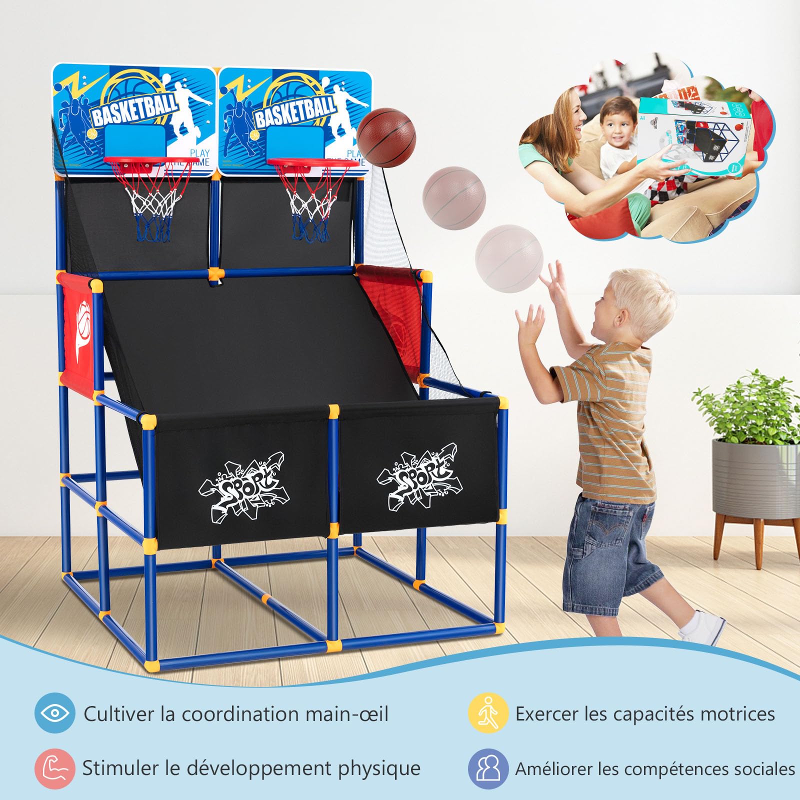 GOPLUS Jeu de Basketball Arcade Électrique d'Intérieur avec 2 Paniers, 4 Ballons pour Enfants, Machine de Tir Basket avec Pompe de Gonflage, Cadeau Jouet pour Garçons et Filles 3+ Ans