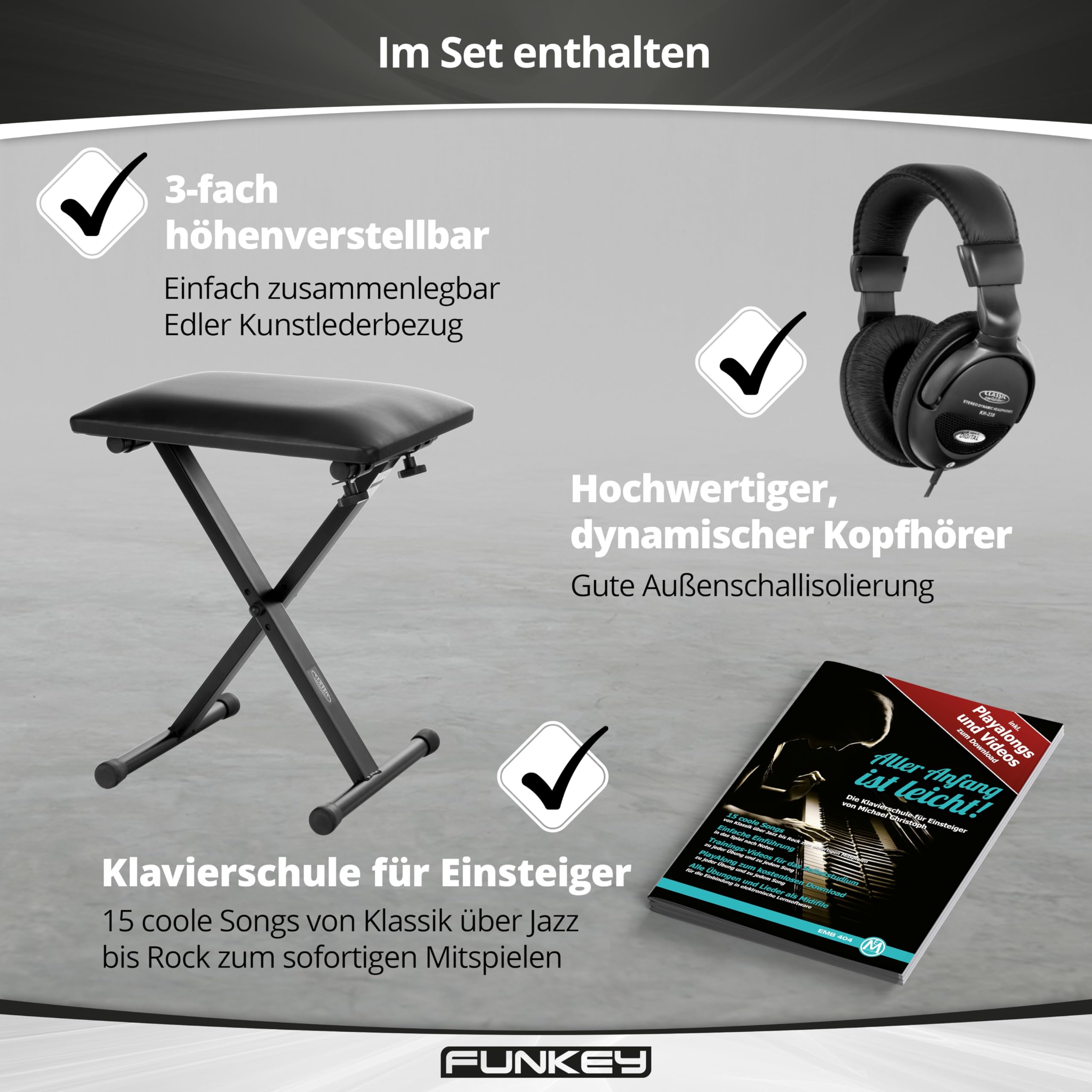 FunKey DP-88 II Digitalpiano Set (88 anschlagsdynamische Tasten, 360 Sounds, 160 Styles, MP3-Player, inkl. Keyboardbank, Kopfhörer und Klavierschule) weiß
