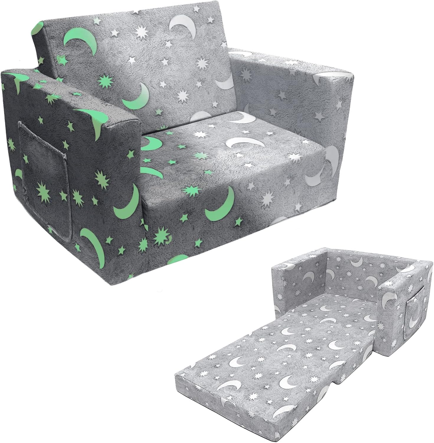 Kids Sofa, Glow in The Dark Toddler Chairs Children's 2 in 1 Convertible Sofa to Lounger - Extra Soft Flip Open Chair & Sleeper, Kids Couch for Kids Girls Boys Grey Medium