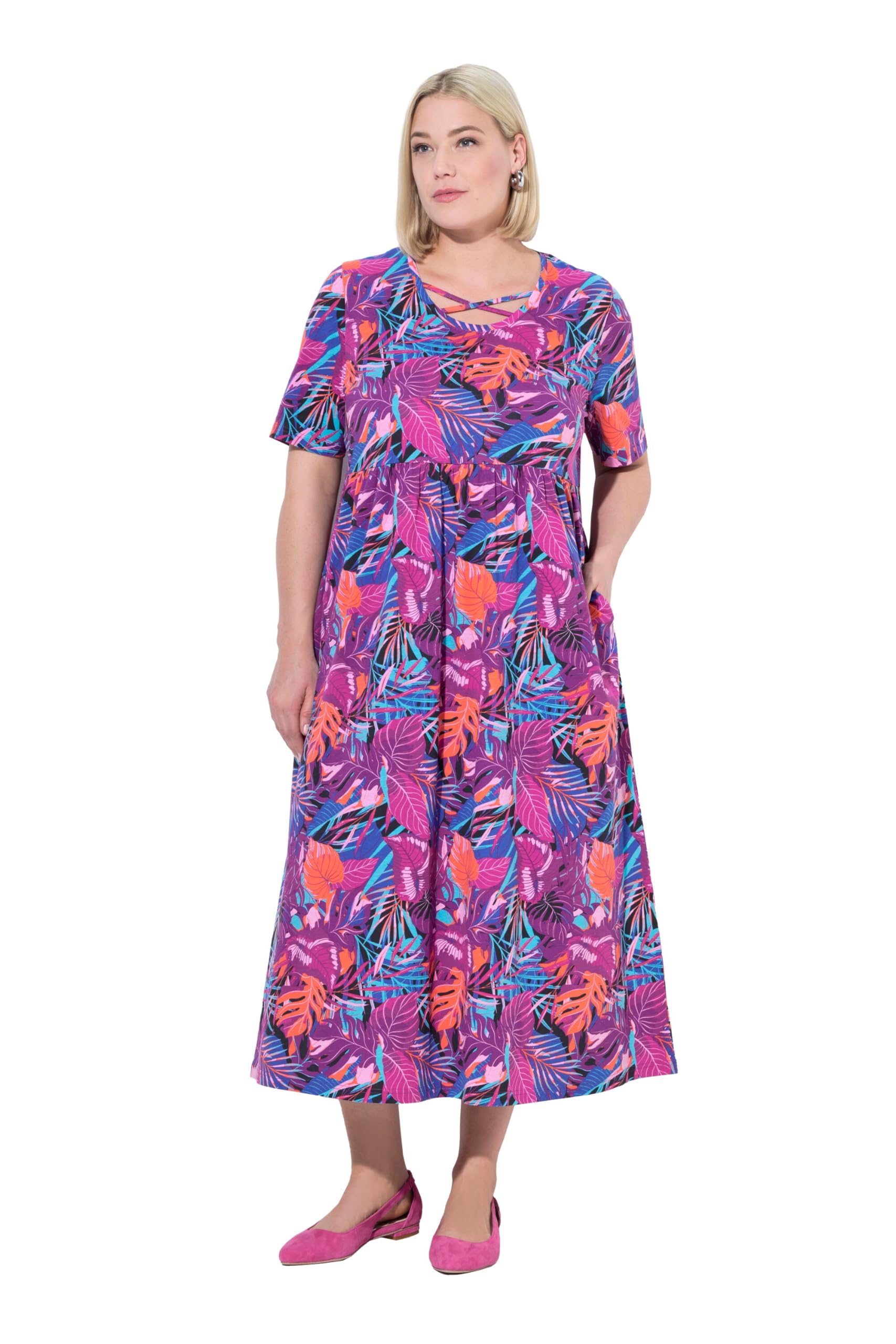 Ulla Popken Damen große Größen Übergrößen Plus Size Maxikleid, A-Linie, Zierbänder, Rundhals, Halbarm 839618