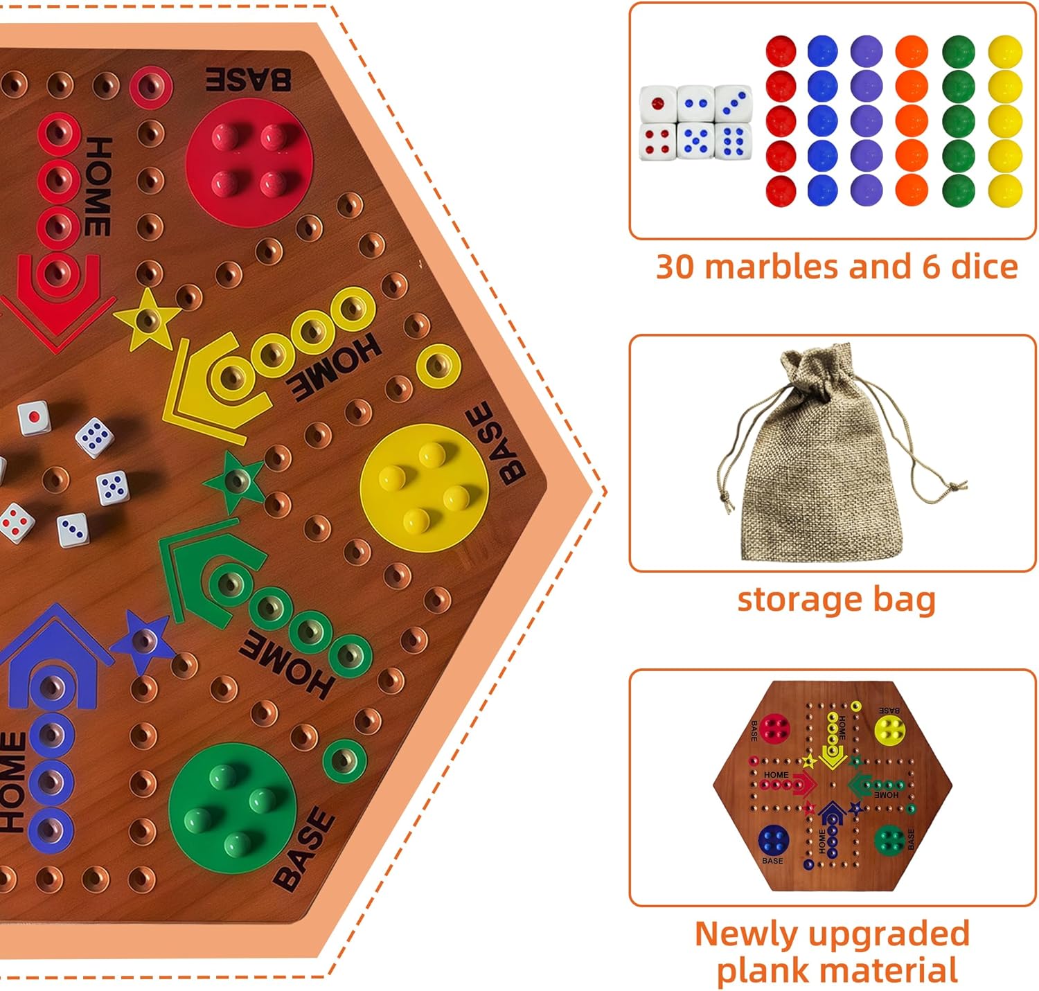 Wooden Board Game, Board Game Original Marble Game Double Sided Painted 2 to 6 Player Fast Track Wooden with 6 Colors 24 Marbles 6 Dice for Adults Kids Family(15 INCH Flame)