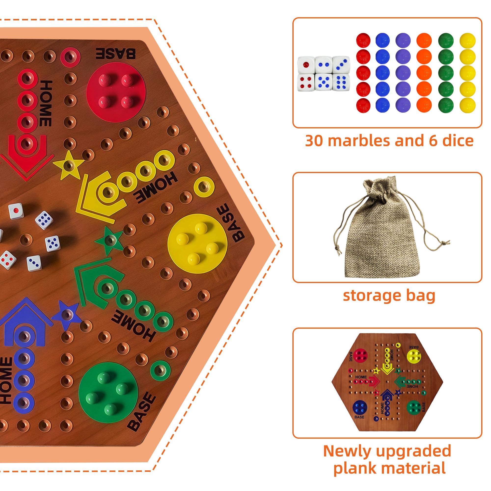 Gioco da tavolo in legno, gioco da tavolo originale in marmo su entrambi i lati, dipinto da 2 a 6 giocatori, Fast Track in legno con 6 colori, 24 biglie 6 dadi per adulti bambini e famiglia (fiamma da