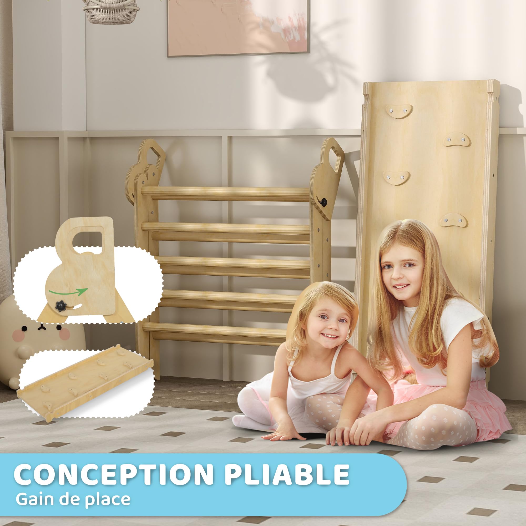 AIYAPLAY Triangle Arche d'escalade Enfants 5 en 1 50 kg Effet Bois Naturel | Avec Triangle d'Escalade, Rampe Réversible, Toboggan, Bascule, pour Bébé 18-48 Mois, Parcours Motricité Bébé