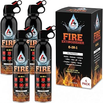 A+ Safety Fire Extinguisher, Portable, Safe to Store in Cars & Garages, Great for Airbnb Trips, College Students, Home Use, Mounting Brackets Included for Quick Access, 4-Pack
