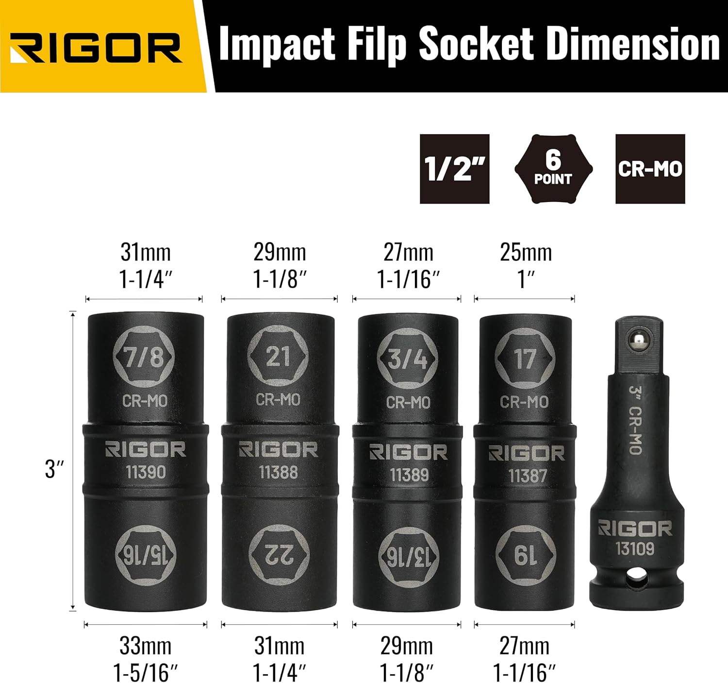 RIGOR 11002 30mm Axle Nut Impact Socket, 1/2-Inch Drive, bundled with the RIGOR 11386 5-Piece Wheel Lug Nut Flip Impact Socket Set.