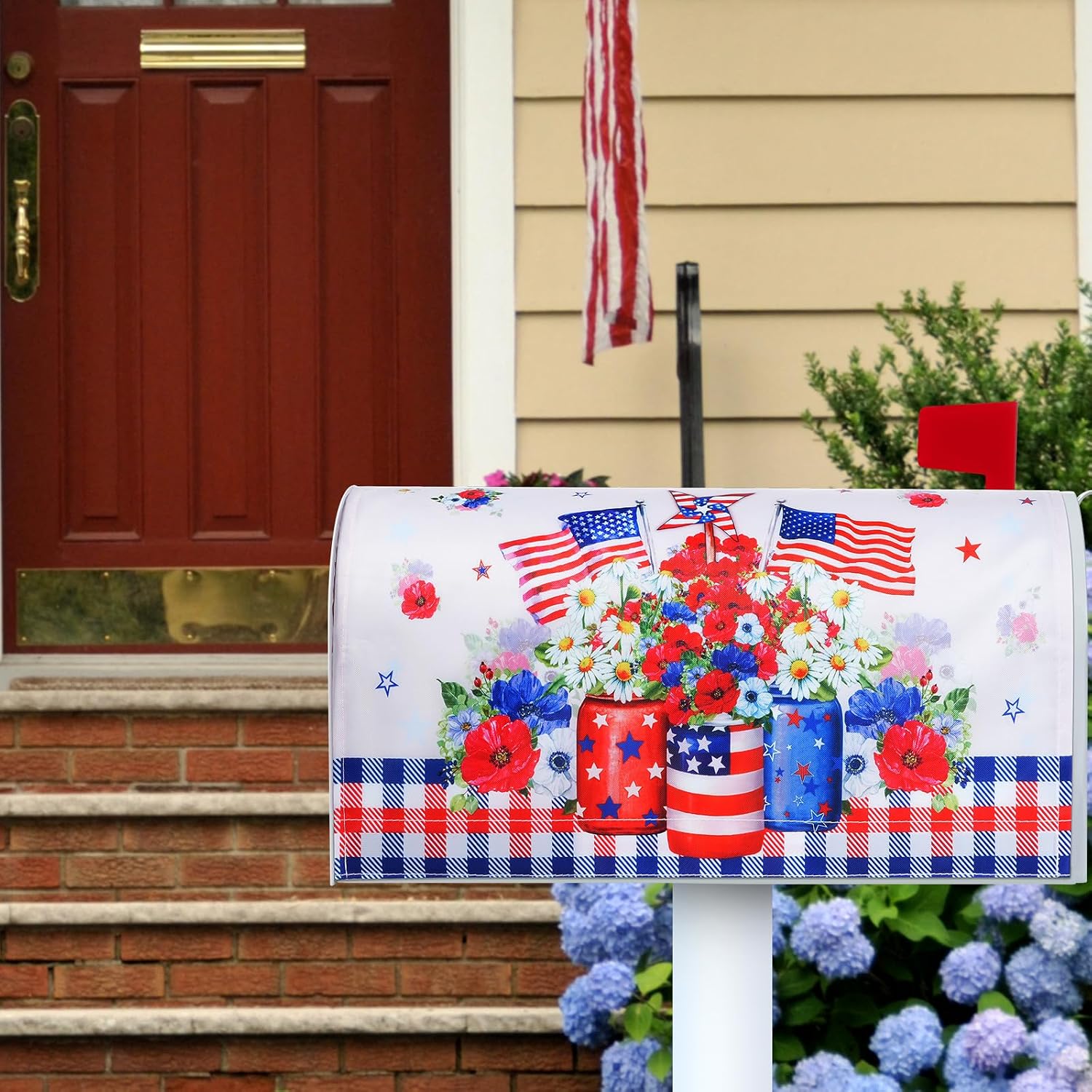 Ragnhild 4th of July Patriotic Magnetic Mailbox Covers Standard Size 21”x18”, Independence Day American Flag Magnetic Post Covers, Memorial Day Red and Blue Floral Mailbox Warp for Garden Yard Décor image 4