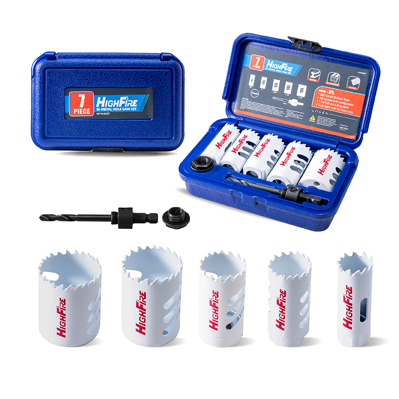 Image of HIGHFIRE Bi-Metal Hole Saw Kit, 7-Piece Hole Saw Set 7 /8 inch,1 inch,1-1 /8 inch,1-1 /4 inch and 1-1 /2 inch Hole Saw with Mandrels for Metal, Wood, Plastic, PVC and Drywall