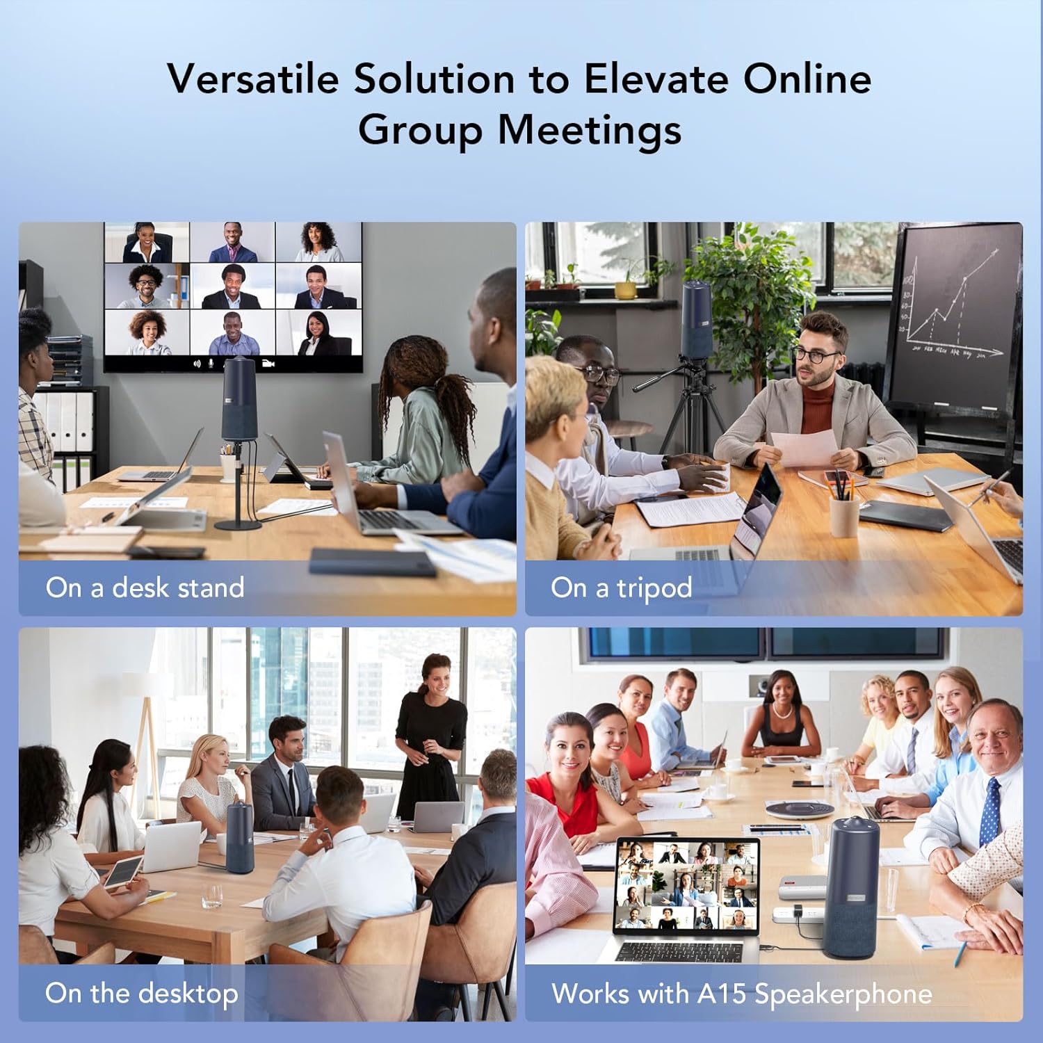 Illustration of the NUROUM C50 capturing voices within a 5-meter radius in a conference room