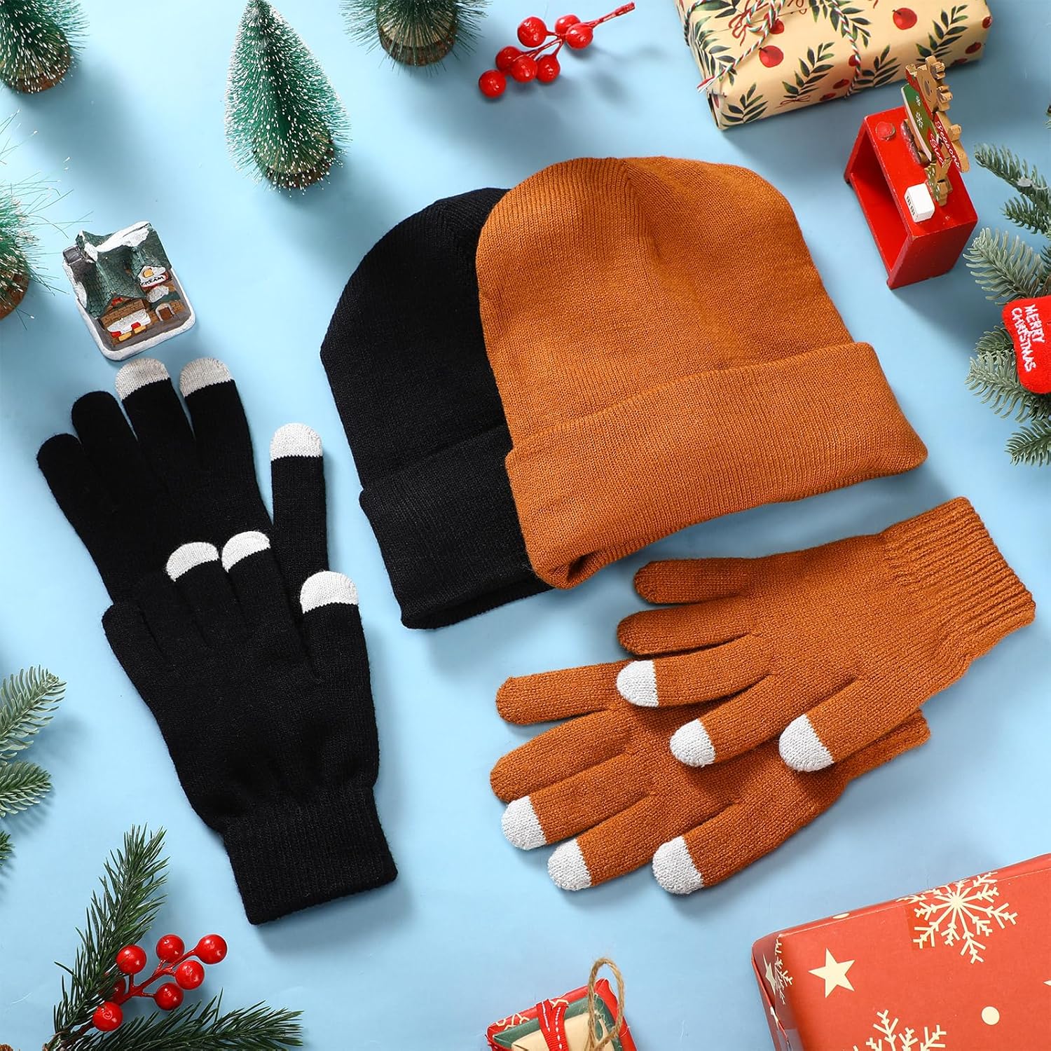 4 Pcs Winter Knit Beanie Hat and Touchscreen Gloves Set for Women Men Warm Acrylic Cap and Gloves Set - Image 7