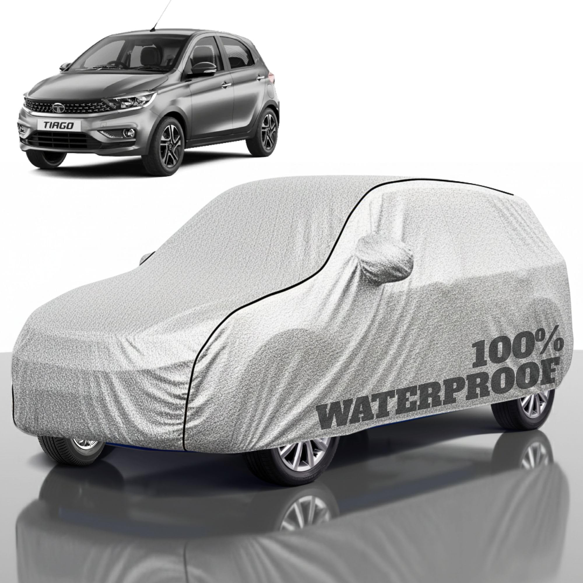 Premium Polyester Car Cover Tiago All-Weather Protection from Rain, Dust &amp; Sun | UV Resistant Fabric | Full Body Secure Fit for Outdoor &amp; Indoor Parking Silver