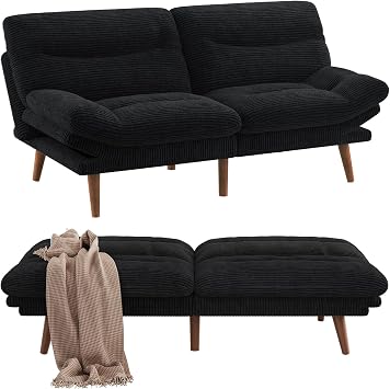 Pipishell Futon Sofa Bed, Modern 66" Futon Couch Convertible to Bed & Lounger, Compact Size, Corduroy Loveseat, Durable Construction - Fits Small Spaces, Apartments,Study RoomInk Black, 66 Inch
