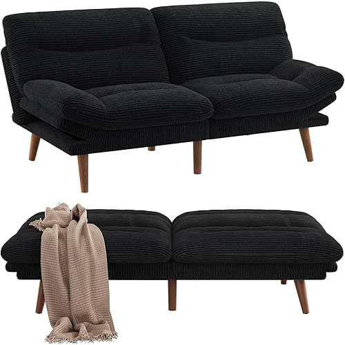Pipishell Futon Sofa Bed, 66 Inch Corduroy Futon Couch Convertible with Adjustable Backrest and Armrests, Recliner Sleeper Sofa for Small Spaces, Living Room, Office, Guest Room (Black, 66 Inch)
