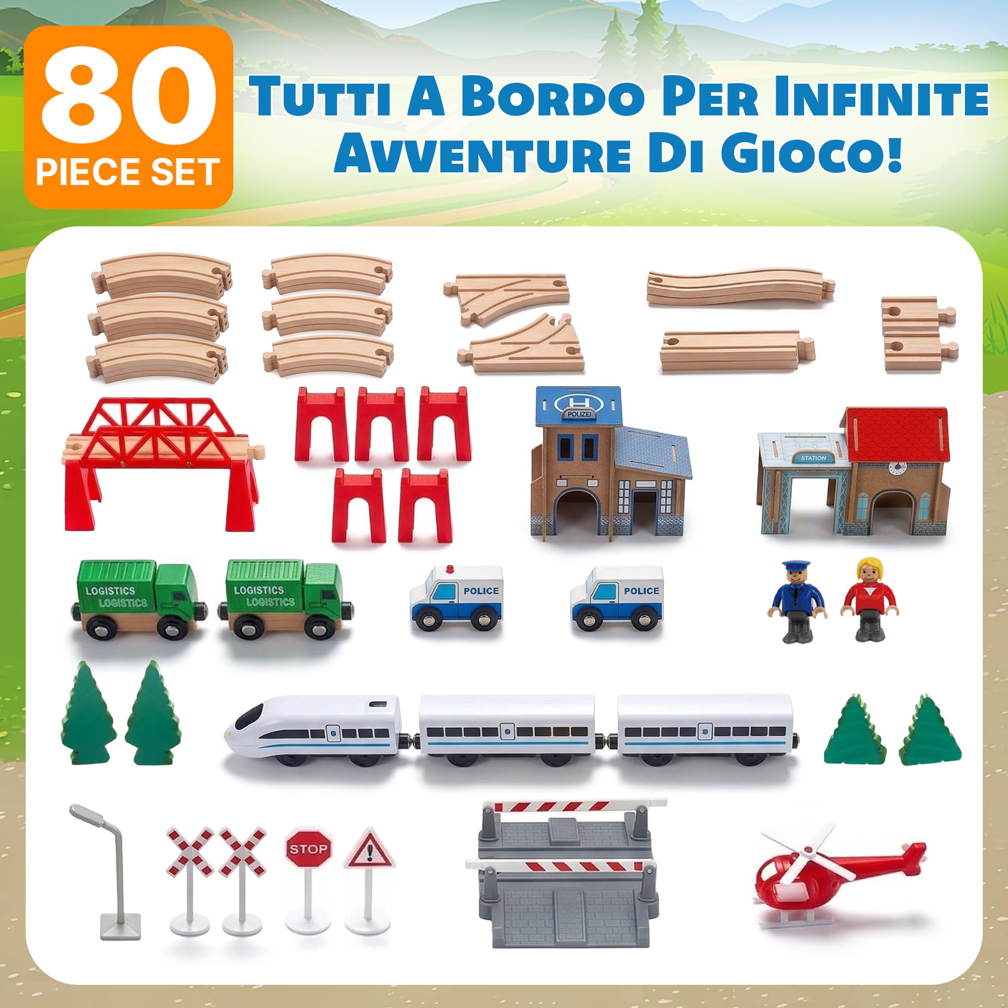 Green Series Pista Treno in Legno con Treno a Batteria – Set Stazione di Polizia 80 Pezzi – Compatibile con IKEA – Per Bambini 3+ – Tracciato 100x67 cm, 378 cm