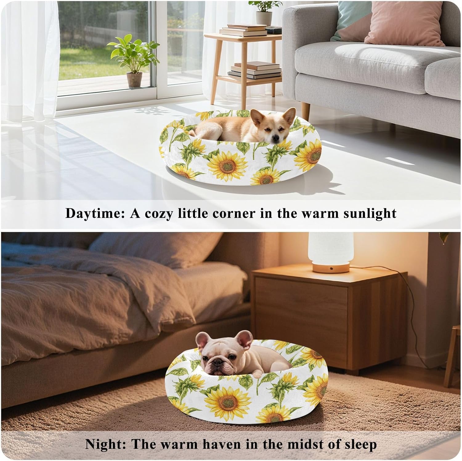 Wudan Pet Cat Bed Relieve Stress Fluffy Dog Pillow Bed for Small Size Pets Sleeping M Retro Sunflower White