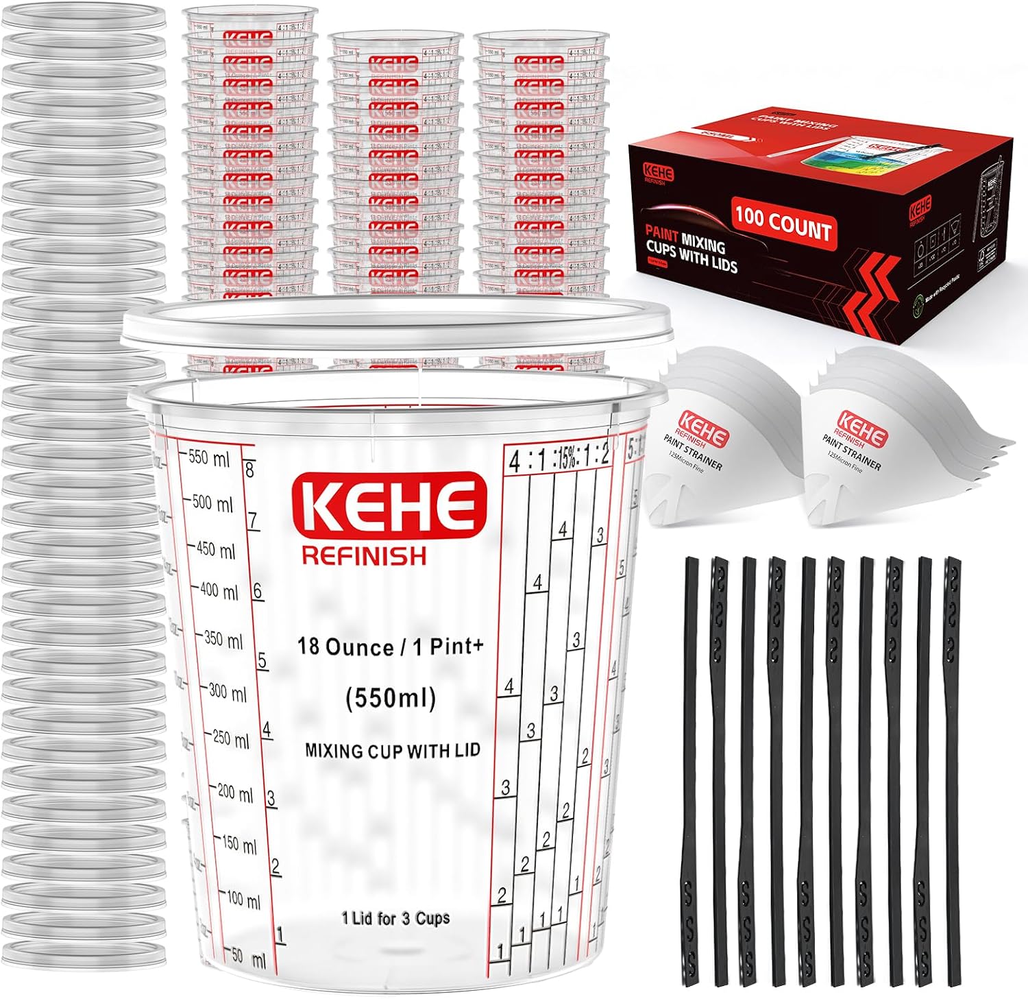 100-pack Paint Mixing Cups by KEHE REFINISH,18 oz (550ml),Disposable or Reusable Plastic Measuring Cups with Lids for Liquids, Paints, Resin, Epoxy, Art,Ratios 1:1,2:1, 3:1, 4:1,5:1,6:1,8:1