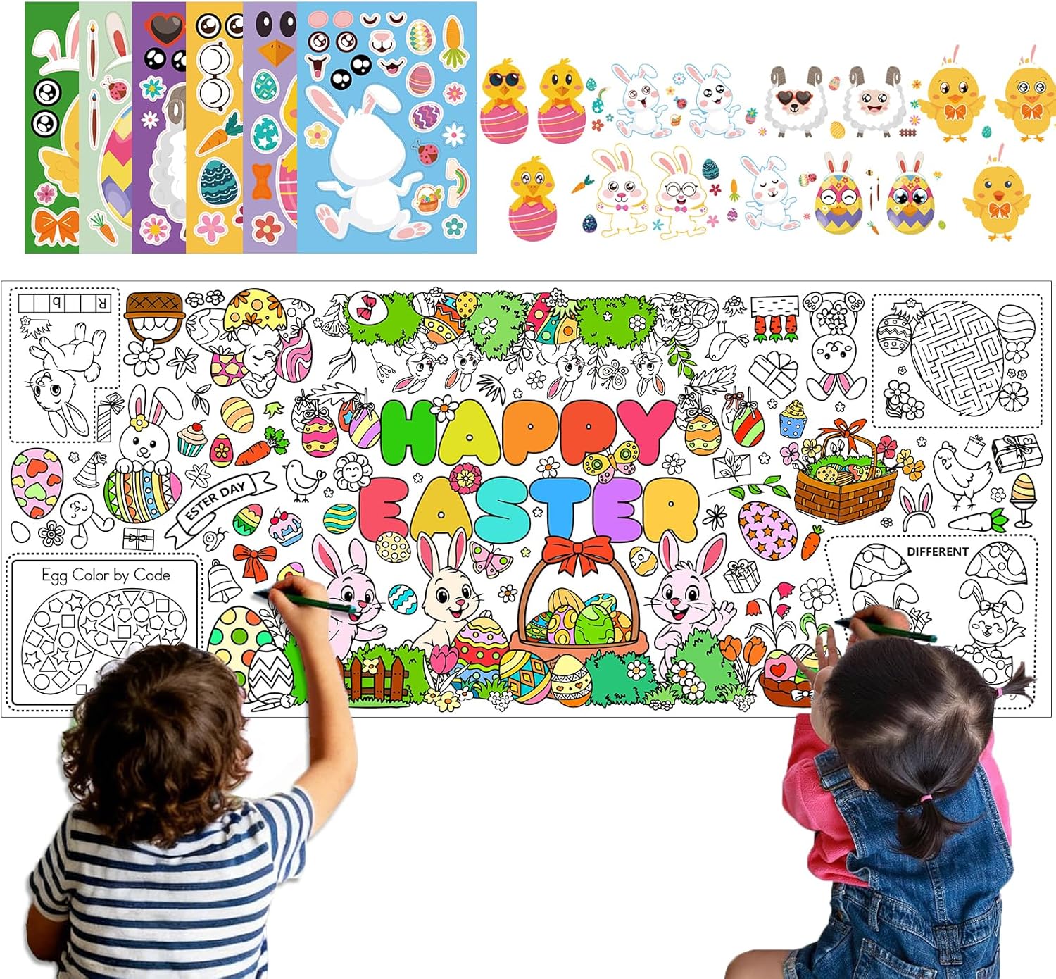 JiuFen Giant Easter Coloring Tablecloth Poster 72x31 Inches, Paper Coloring Banner for Kids Easter Crafts Activities & Party Classroom Decorations