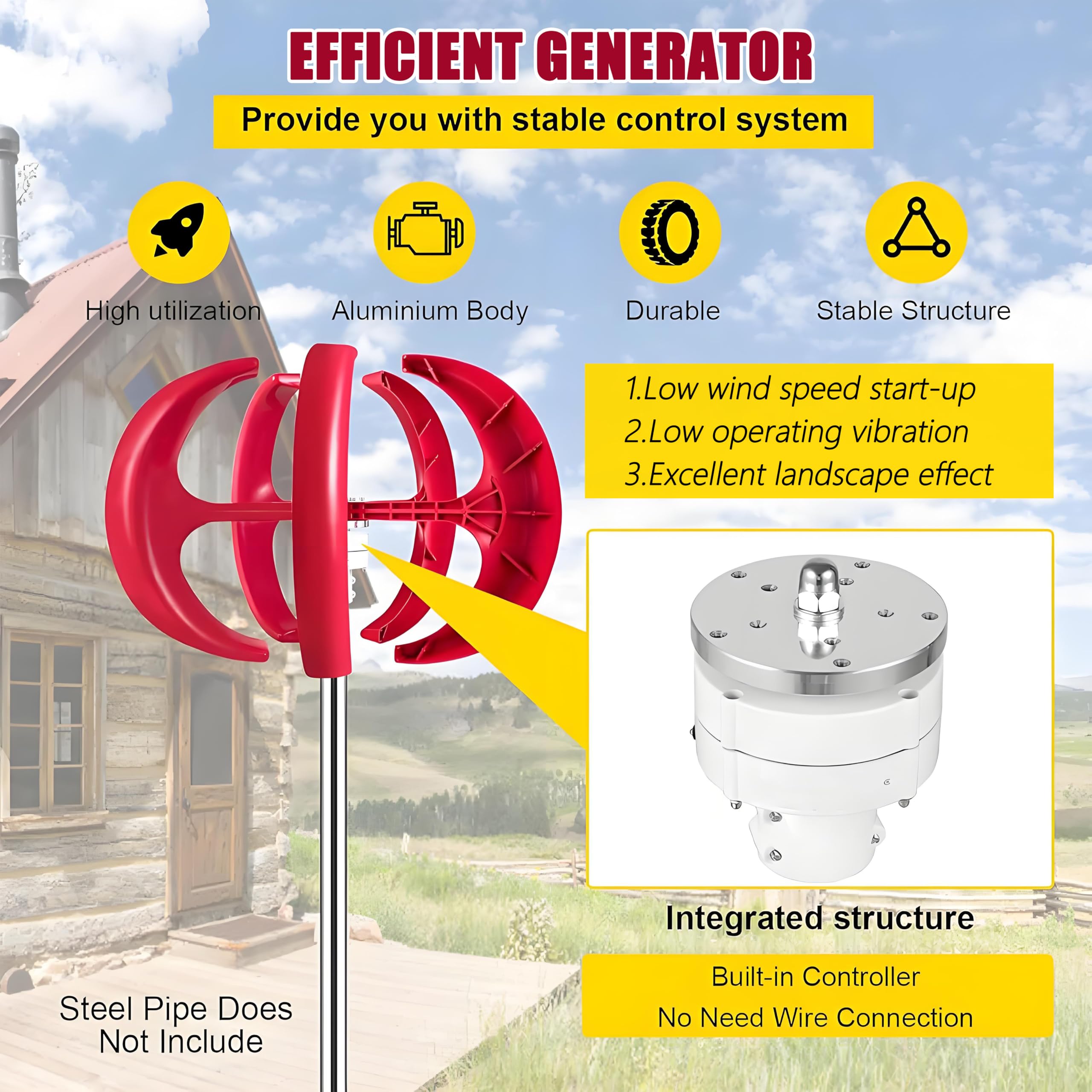 Generador de Aerogeneradores de 12V/24V, Kit de Generador de Aerogeneradores de Linterna de 5 Palas, Equipo Productor de Electricidad Electromagnética para Hogar, Barco y Autocaravana 100W12v