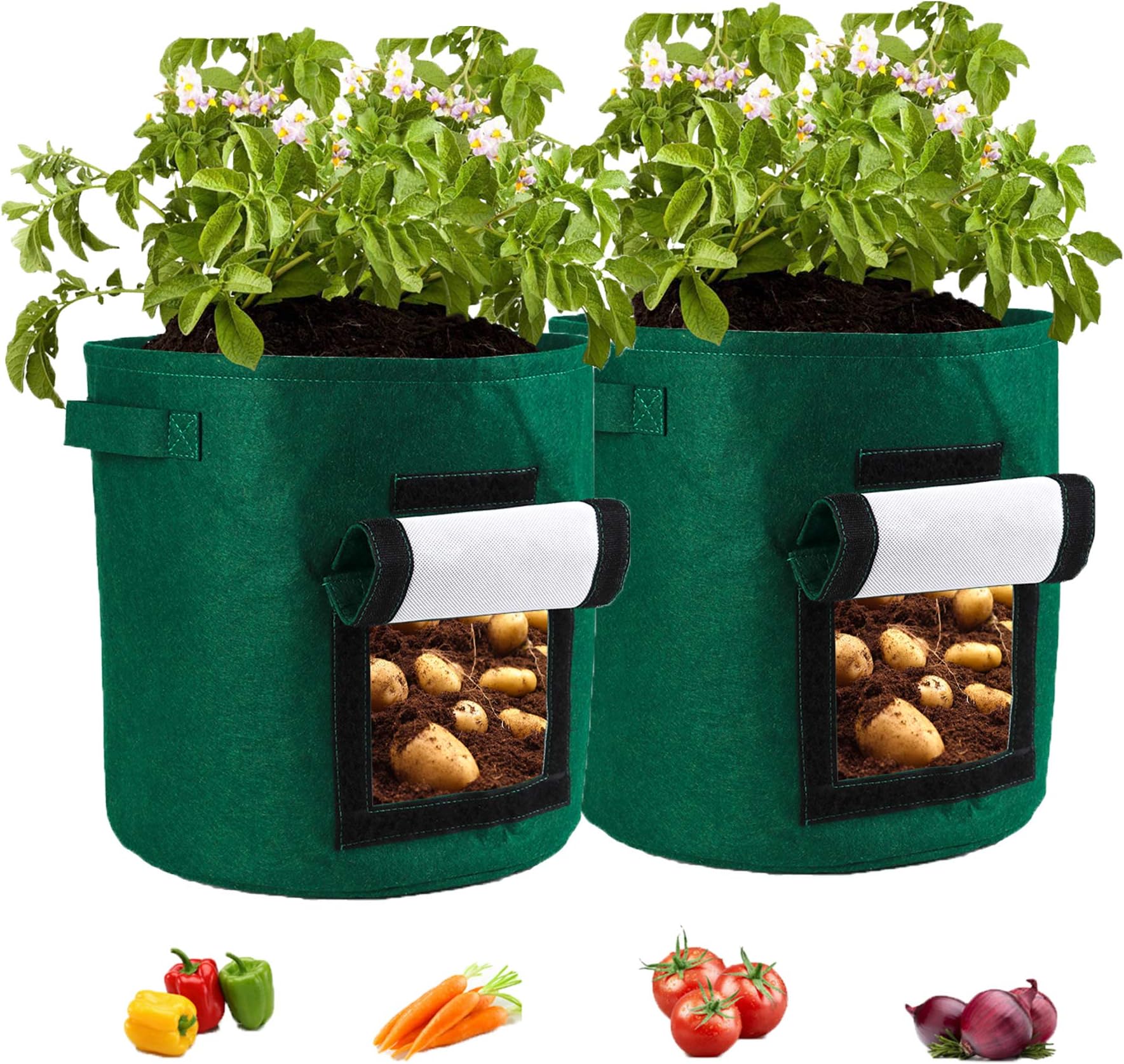 LWAN3 2 Pack Potato Grow Bags, 15 Gallon Felt Fabric Non-woven Liner Potato Planting Bag with Flap and Handles for Garden Potato Tomato Carrot Vegetables Flowers