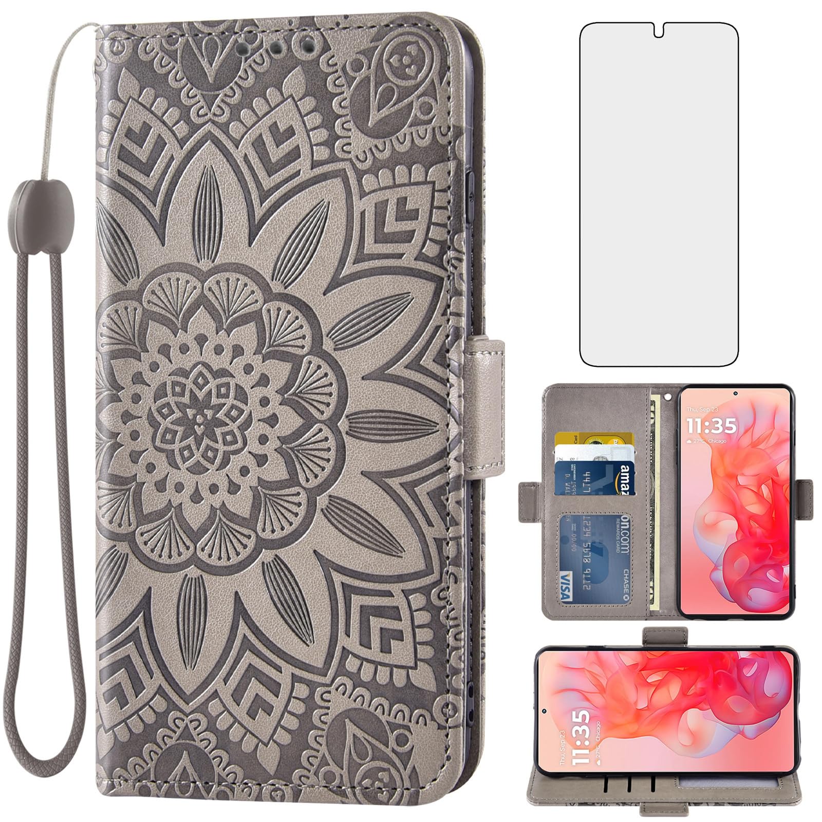 Asuwish Phone Case for Motorola Moto G Stylus 5G 2024 Wallet Cell Cover with Screen Protector Lanyard Wrist Strap Mandala Flower Flip Zipper Folio Purse Card Holder Slot Stand G5 Women Girls Gray