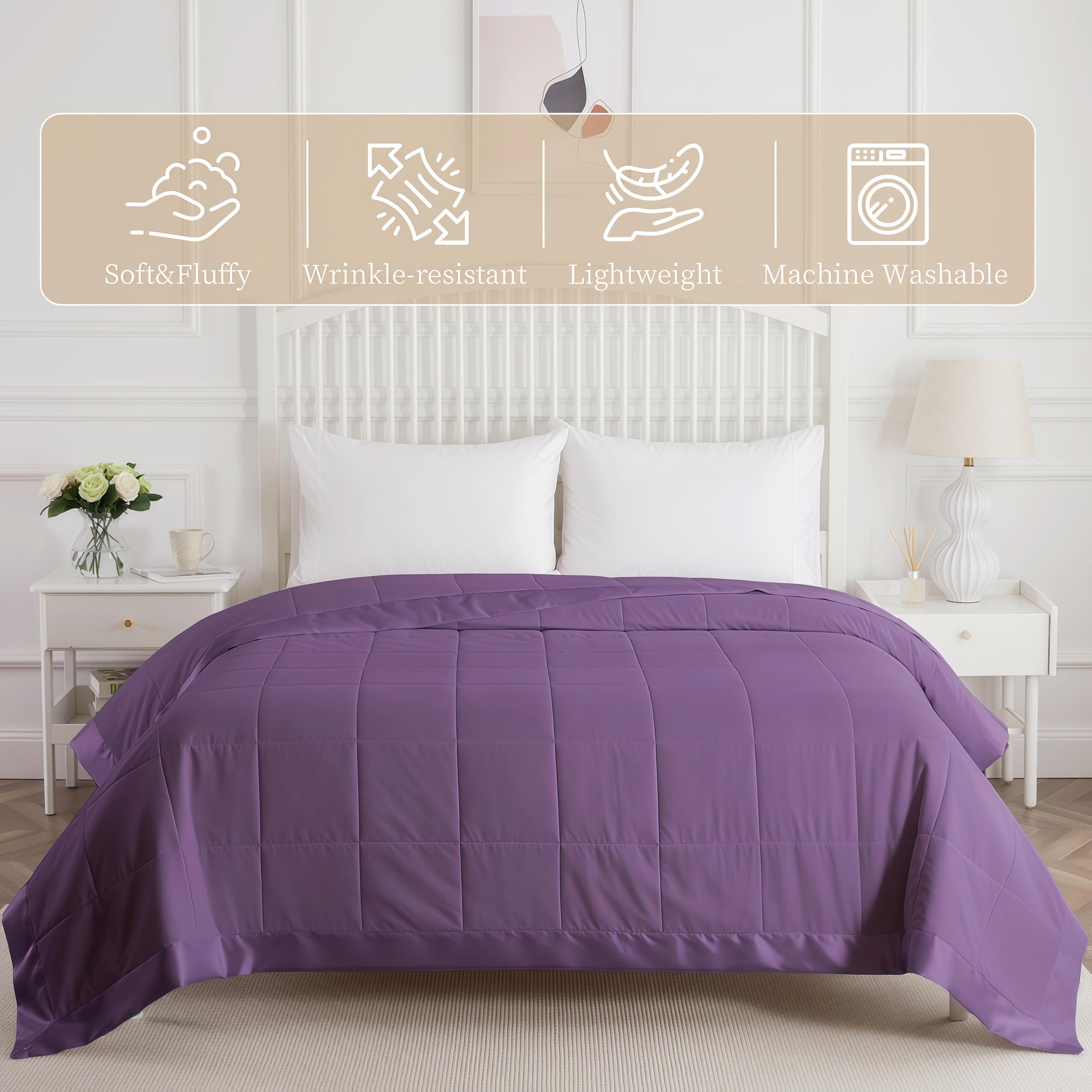 COMFLIVE Queen Down Alternative Blanket - Lightweight Satin Trim, Purple