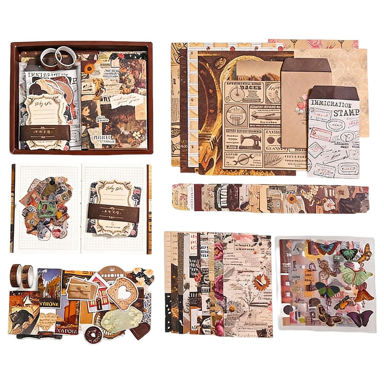 RANYAKE Estetyczny zestaw do scrapbookingu, zestaw dziennika śmieci w stylu vintage, zawiera kwadratowy notatnik A6, naklejki, akcesoria materiałowe do scrapbookingu, do dekoracji, rękodzieła, 260 szt