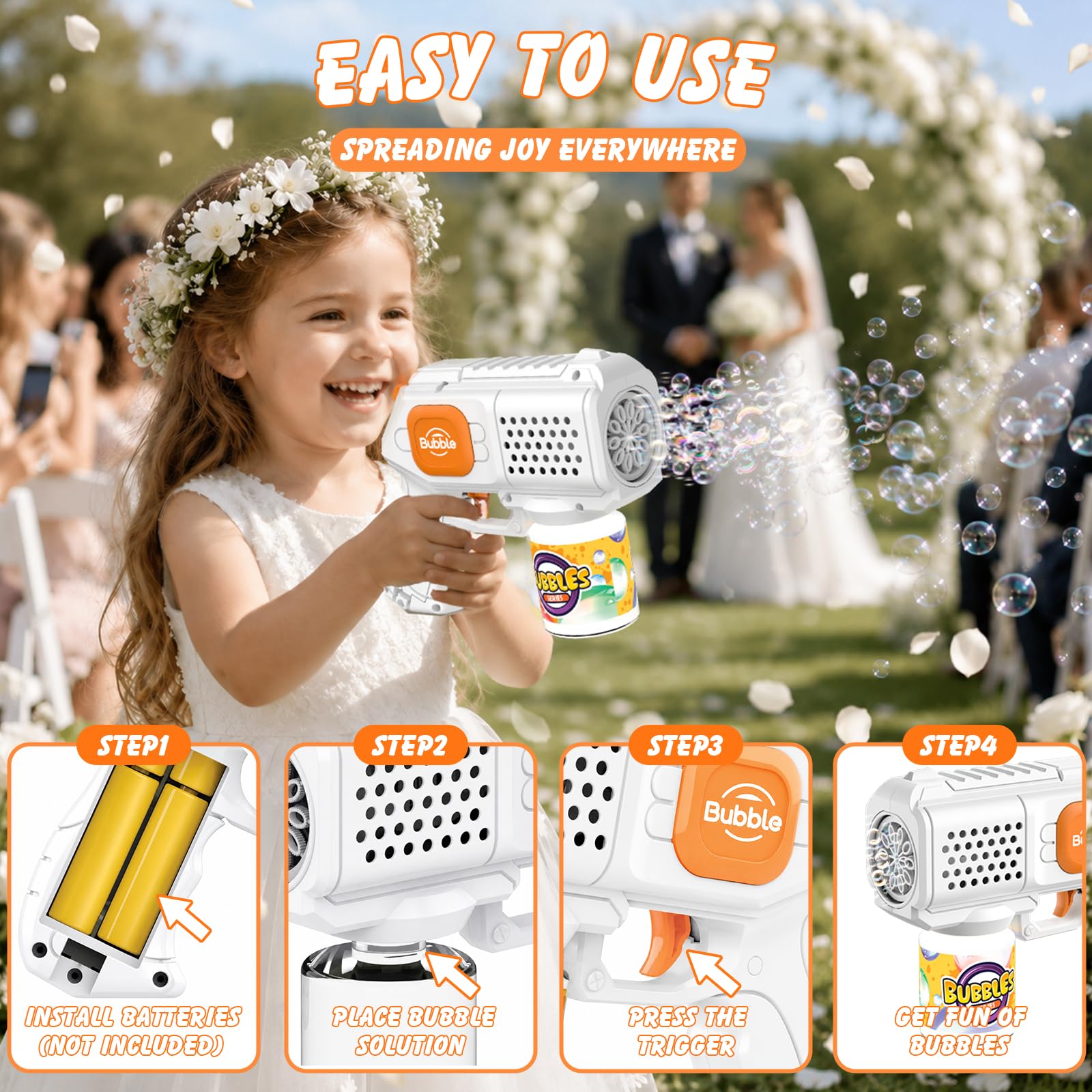 Pistola de burbujas para niños, 4 unidades, 10000 burbujas automáticas, con luz/10 agujeros/solución(4 frascos+10 recargas) para fiestas al aire libre regalo, color blanco