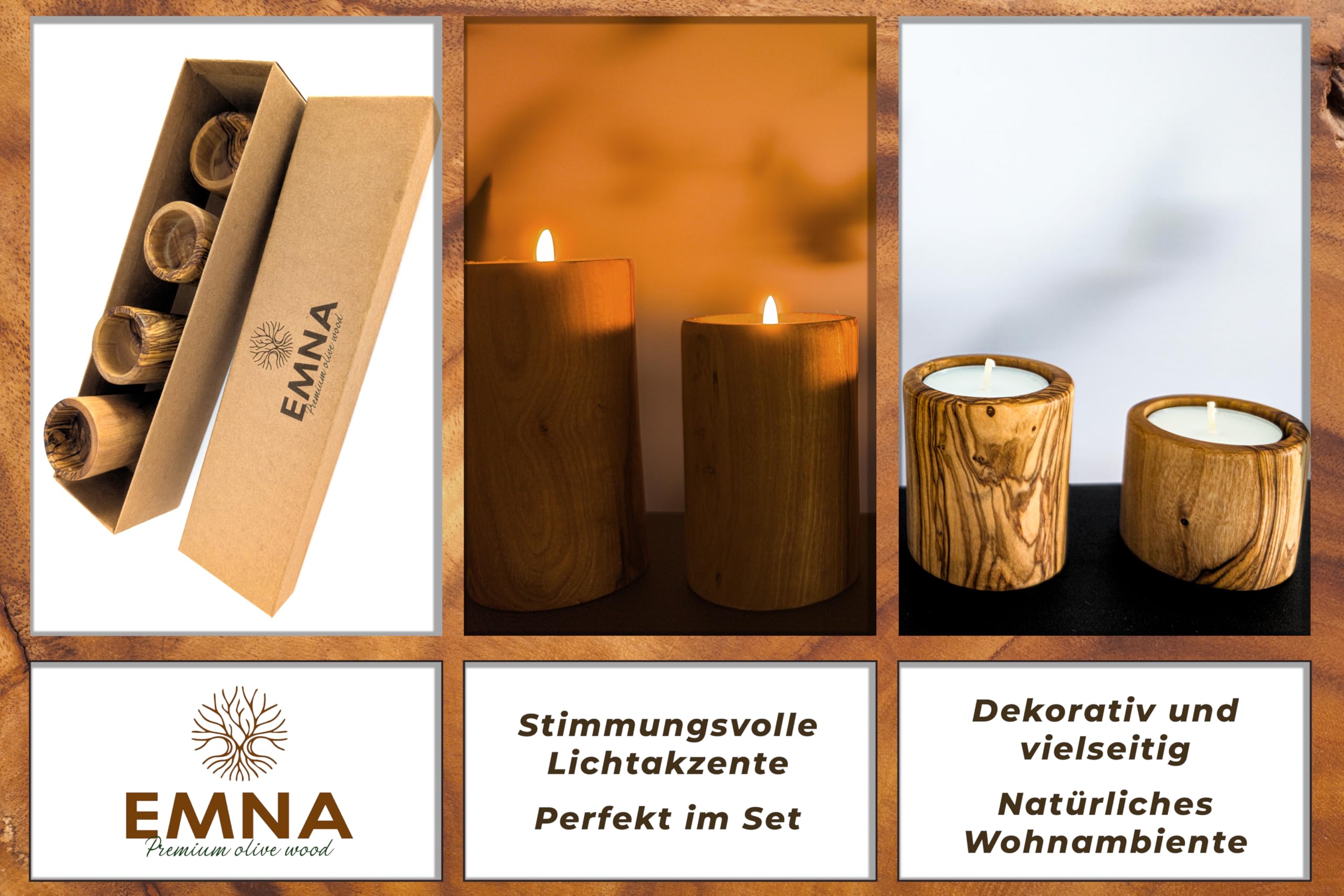 EMNA - Lot de 4 photophores en bois d'olivier de luxe | Hauteur : environ 4, 6, 8, 10 cm | Boîte cadeau incluse | Noël | Saint-Valentin | Support de bougie | Décoration romantique bien-être salle de