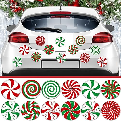 12 imanes de caramelo de Navidad de 4.7 pulgadas redondos de piruleta para refrigerador, calcomanías magnéticas de caramelo de menta, calcomanías