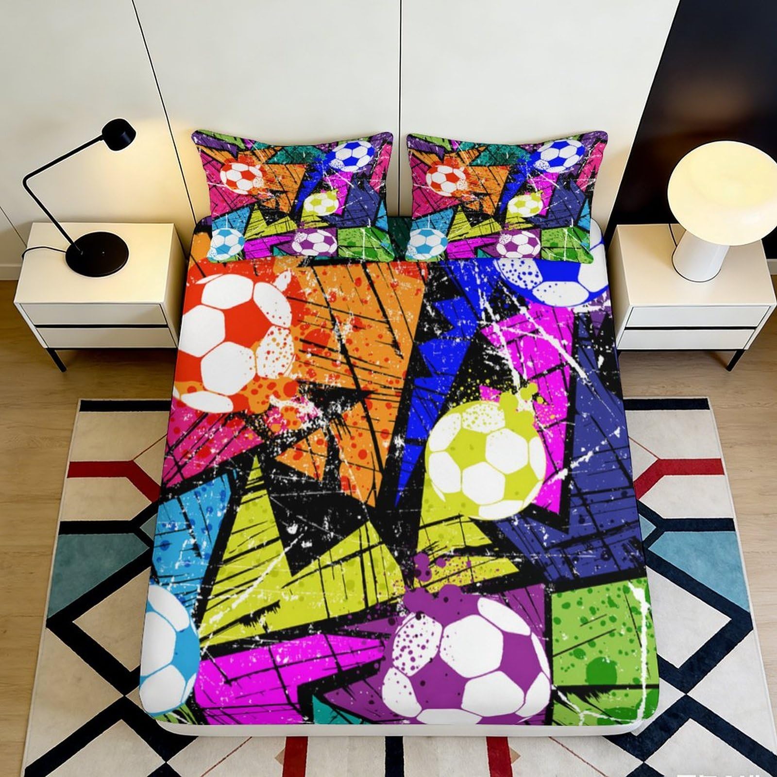 3D Printed Graffiti Soccer Fitted Sheet Microfiber Colourful Modern Football Bed Cover for Bedroom Dorm Mattress Protection Decor 200x200x25cm