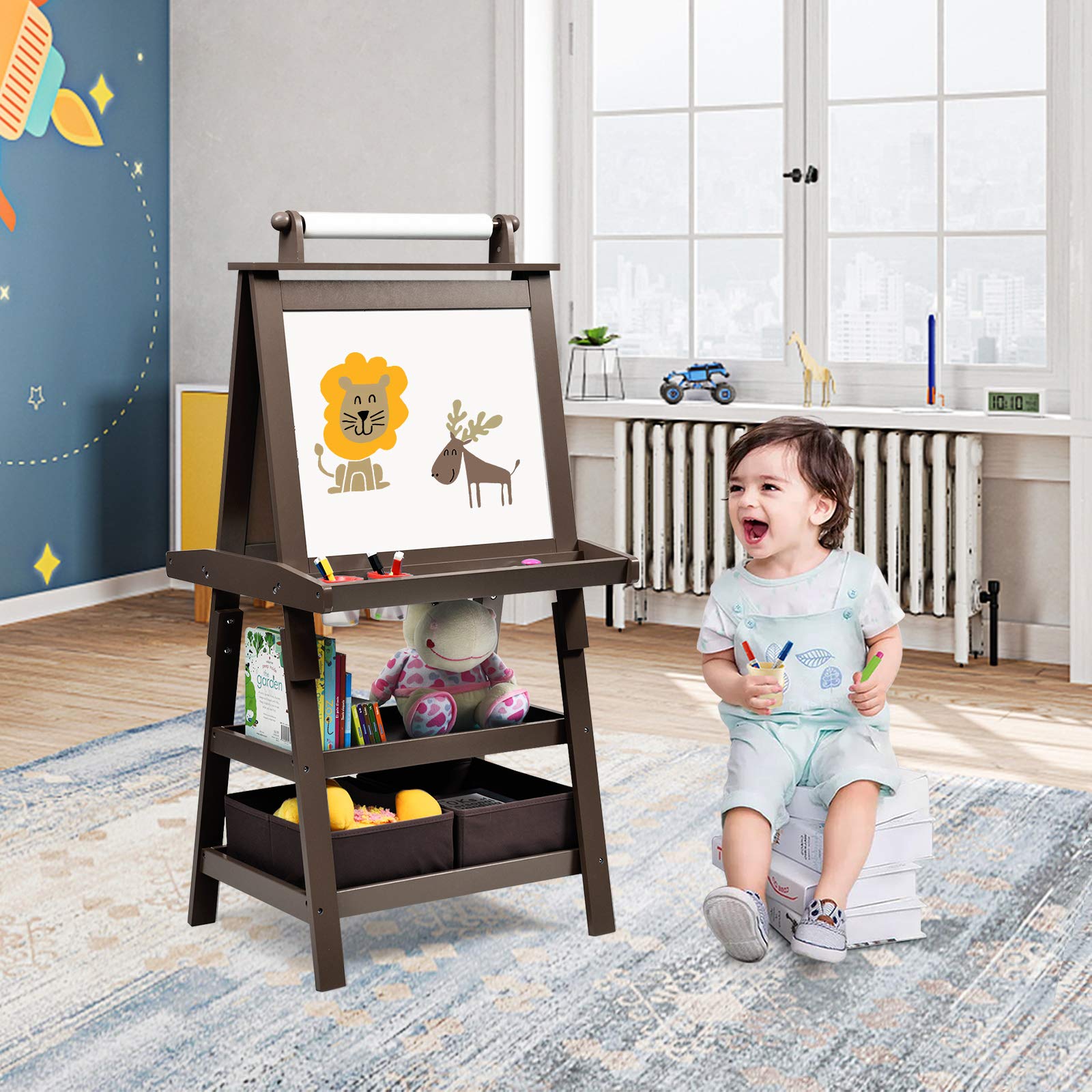 GOPLUS 3 in 1 Standtafel für Kinder, Magnetisches Whiteboard & Kreidetafel, Doppelseitiger Staffelei mit Aufbewahrungsbox, Maltafel, Schreibtafel, Kindertafel ink. Malpapier und Magneten (Braun)