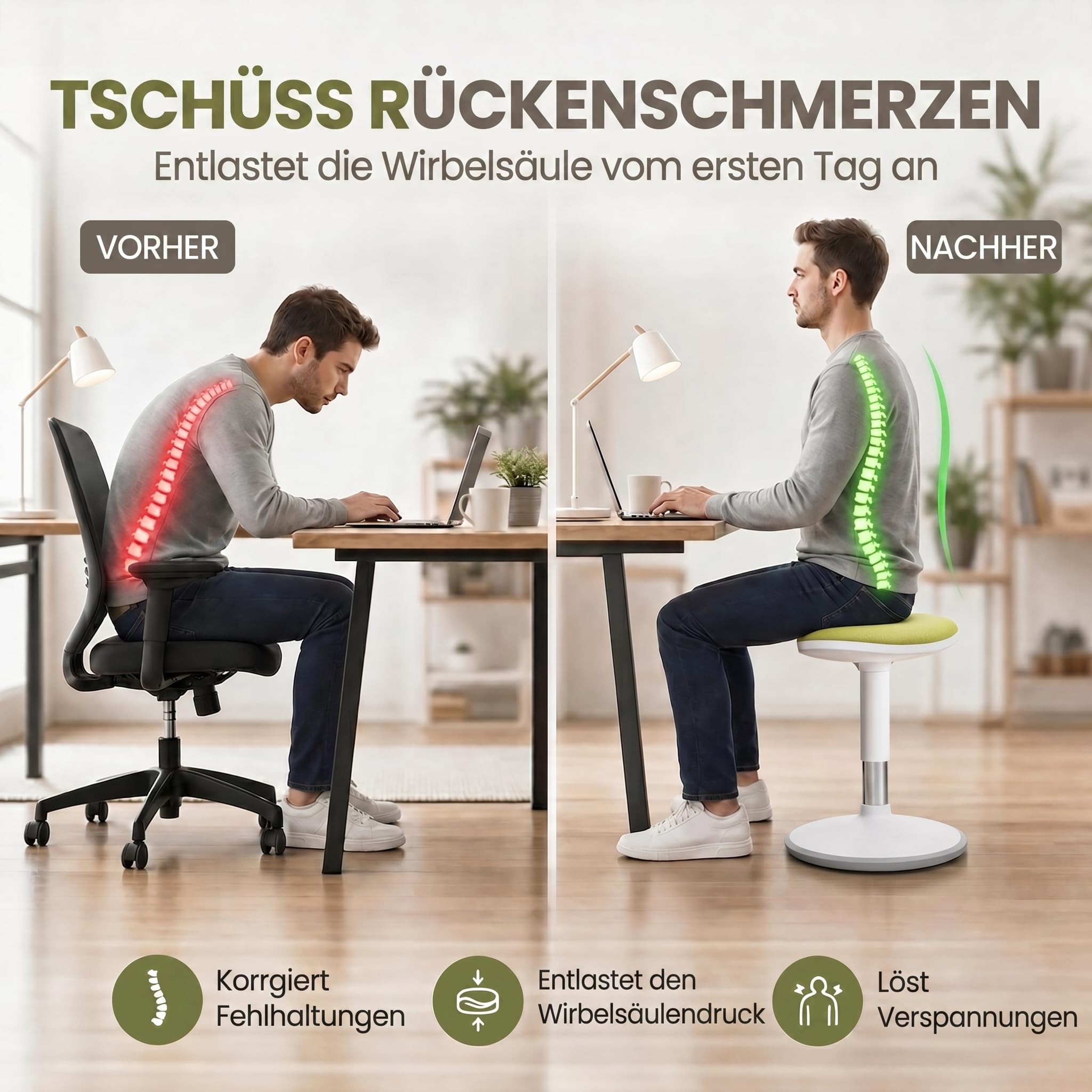 Ergonomischer Stehhocker höhenverstellbar in 3 Größen - Wackelhocker mit Schwingeffekt - Rutschfester Stehstuhl & Büro-Hocker für Schreibtisch & Homeoffice (Grün, S)