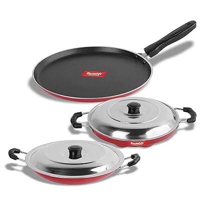 SUMEET Non-Stick Aluminium Corsen Combo Set (Red, Dosa Tawa, 2.6mm Thick, 26.5cm Dia, Grill Appam Patra with Lid 23cm , Appachatty 22.2cm )