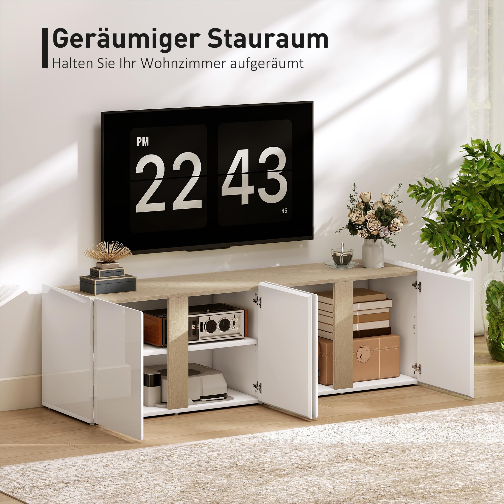 HOMCOM TV Schrank Lowboard für Fernseher bis 65 Zoll 135 cm lang Weiß
