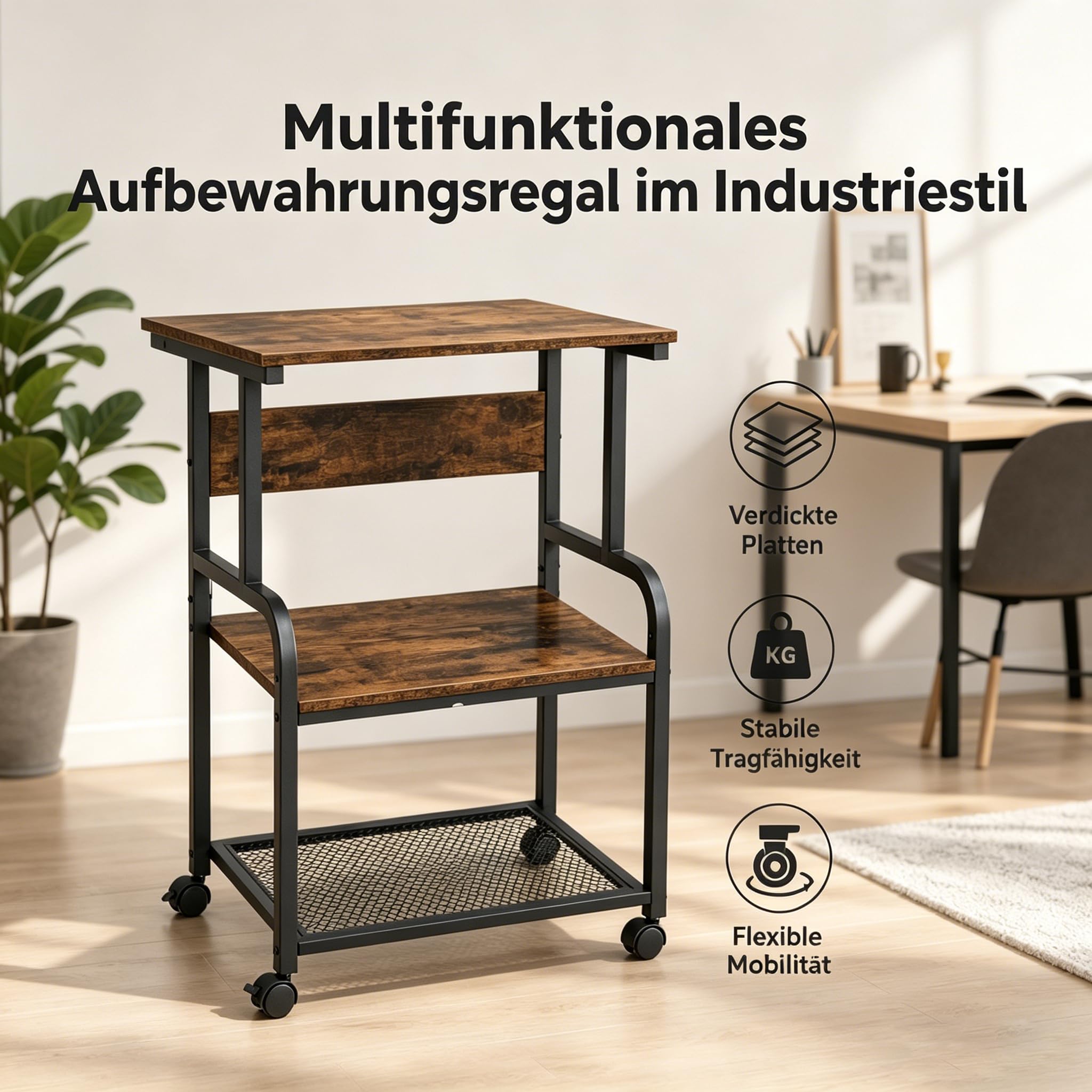 Mesa de impresión de 3 niveles con ruedas, soporte para impresora de madera y metal, 50 x 40 x 80 cm, mesa enrollable de hasta 70 kg, estilo industrial para impresora 3D y oficina en casa