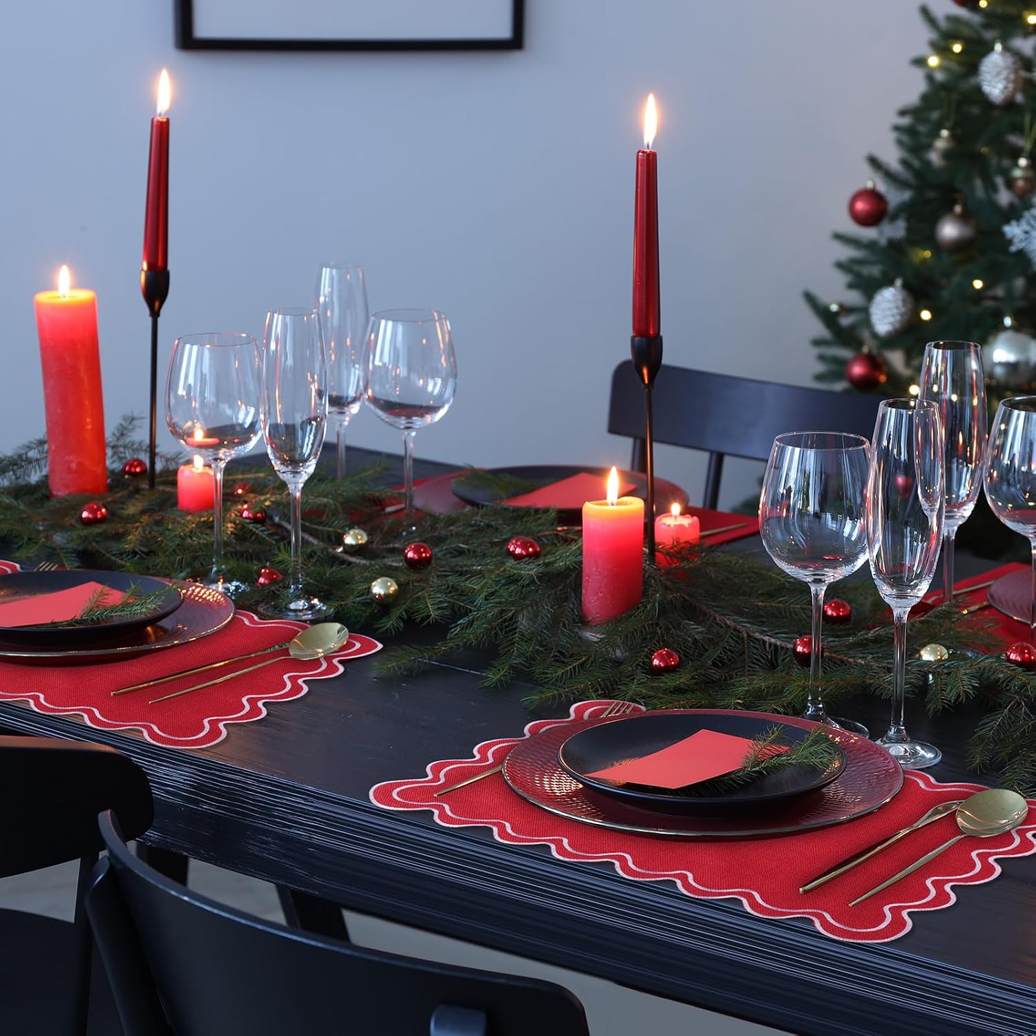 Linen Placemats Set of 12 Scalloped Placemat 13 X19 Wavy Embroidery Double Layered Washable Farmhouse Dinner Fabric Table Mat Napkin for Wedding Party Christmas Hotel Restaurant(Red)