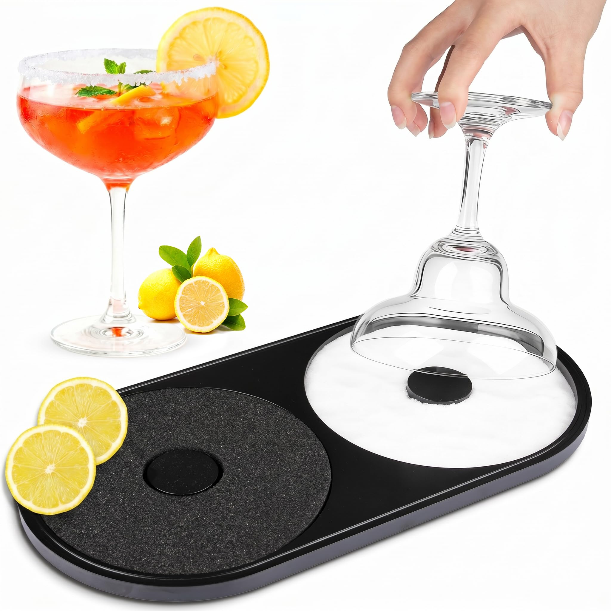 Salt Rimmer for Margarita Glasses, 1 PCS Dual-Chamber Glass Rimmer with Lime Sponge, Cocktail Rim Kit with Salt & Sugar Trays, Portable Bar Cart Accessories for Home Bar & Outdoor Parties