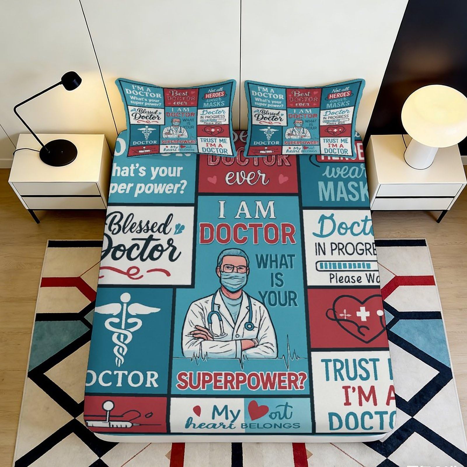 3D Printed Doctor Cartoon Fitted Sheet Microfiber Soft Breathable Medical Theme Bed Cover for Bedroom Guest Room Protection 90x200x25cm