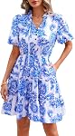 BTFBM Women Summer Floral Short Dresses V Neck Short Sleeve Tiered Ruffle Boho Swing Dress A-Line Mini Dresses