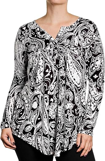 Womens Paisley Design Long Sleeve Henley Flare Scoop Neck Tunic, Available in Plus Sizes