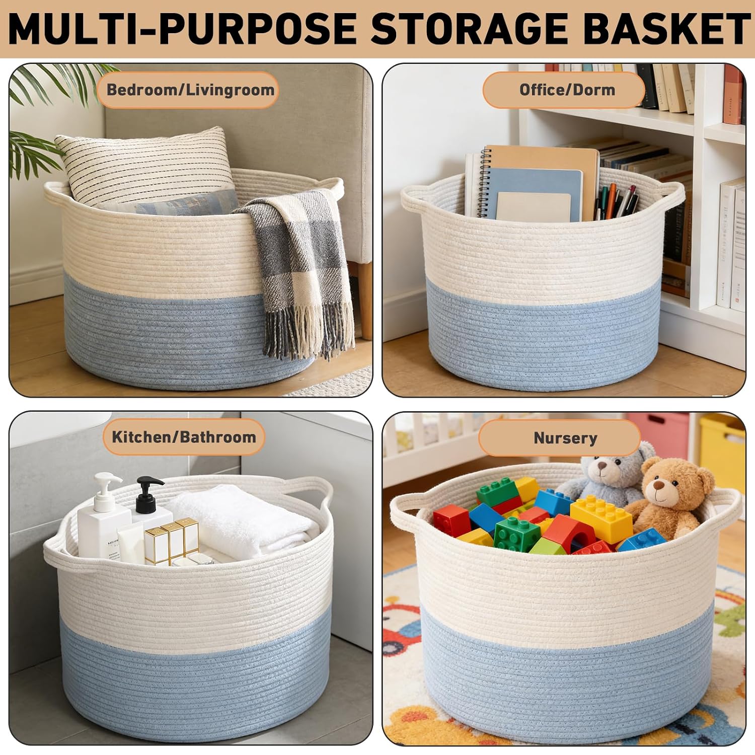115L Extra Large Woven Cotton Rope Blanket Basket with Handles, Laundry Hamper Storage Bin for Pillows, Comforters,Clothes, Toys, Nursery, Bedroom and Living Room Organization,White&Blue