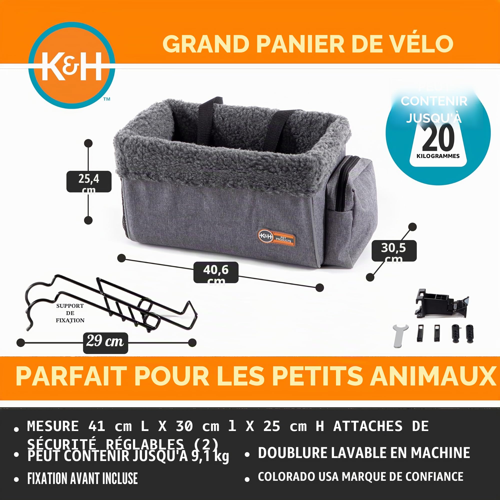 K&H Pet Products Sac de Transport Universel pour Animal Domestique pour Voyage, Panier de vélo pour Chat et Chien, Gris élégant, Taille L 30,5 x 40,6 x 25,4 cm