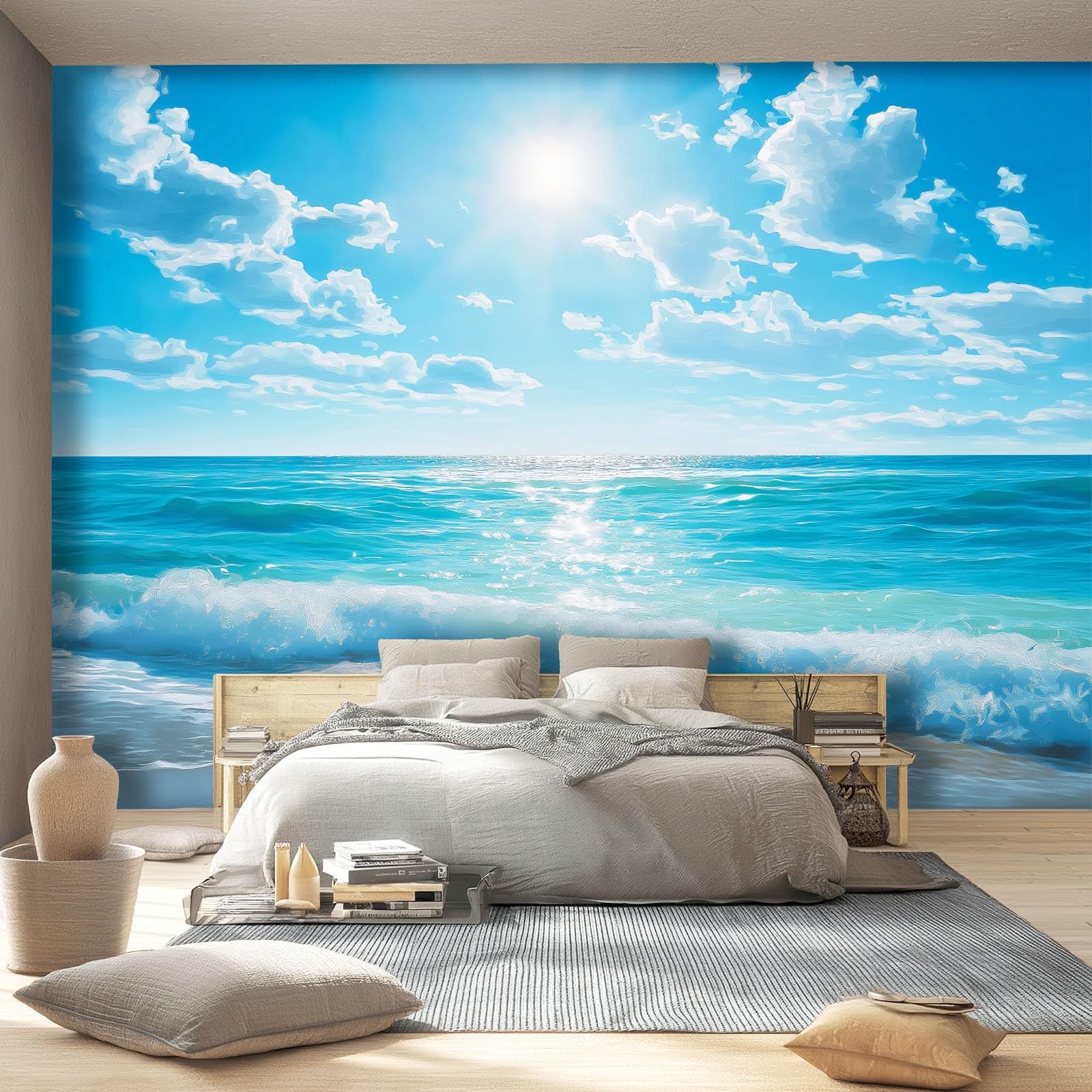 Tapeta z włókniny 350 x 256 cm, naturalne fale, słońce, dekoracja ścienna do dużego pokoju młodzieżowego, niebiesko-biała