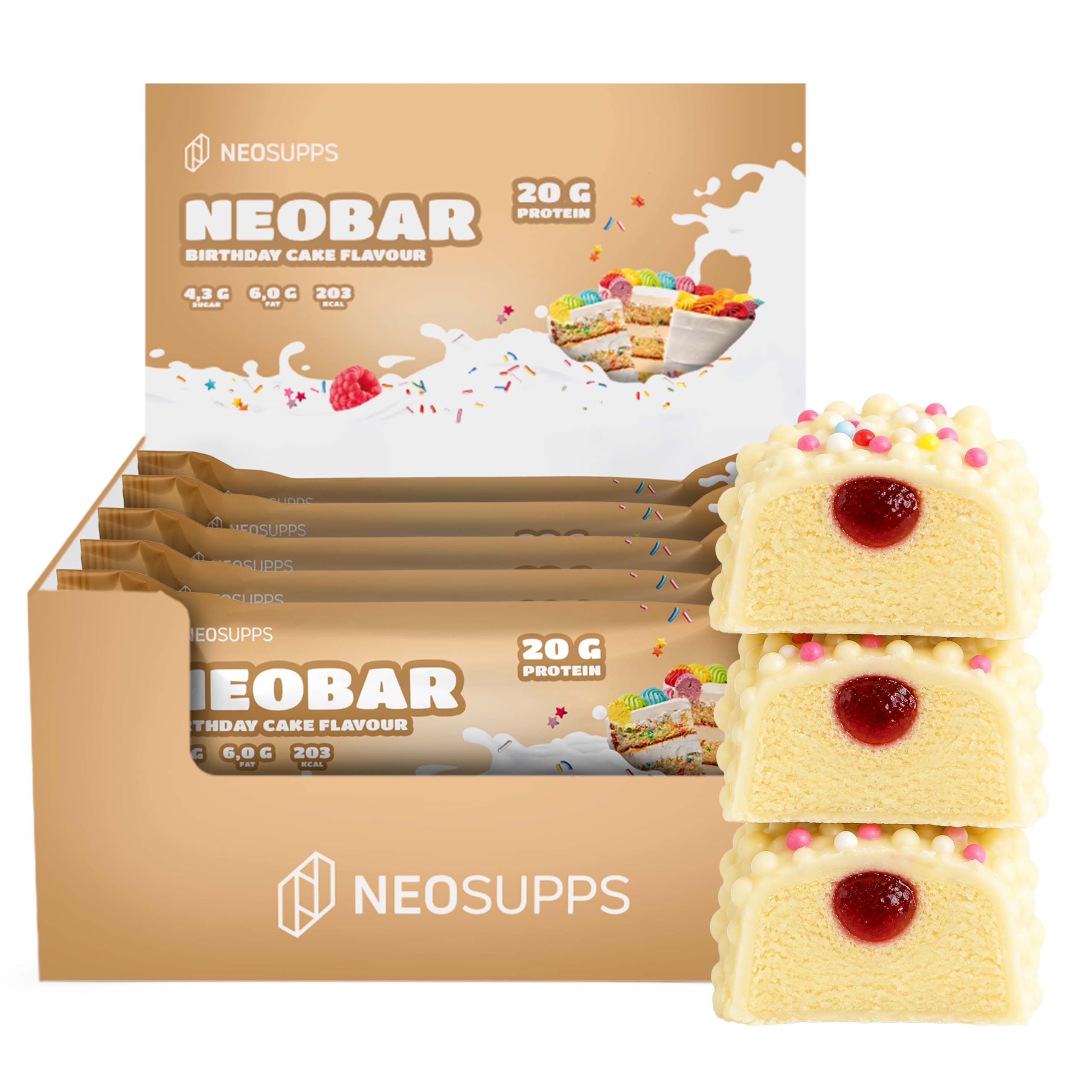 Neosupps Proteinriegel Neobar Birthday Cake – 12 x 60 g, 21 g Protein, nur 0,8 g Zucker, Low-Fat, in verschiedenen Geschmäckern erhältlich, Made in Germany – Fitness Snack