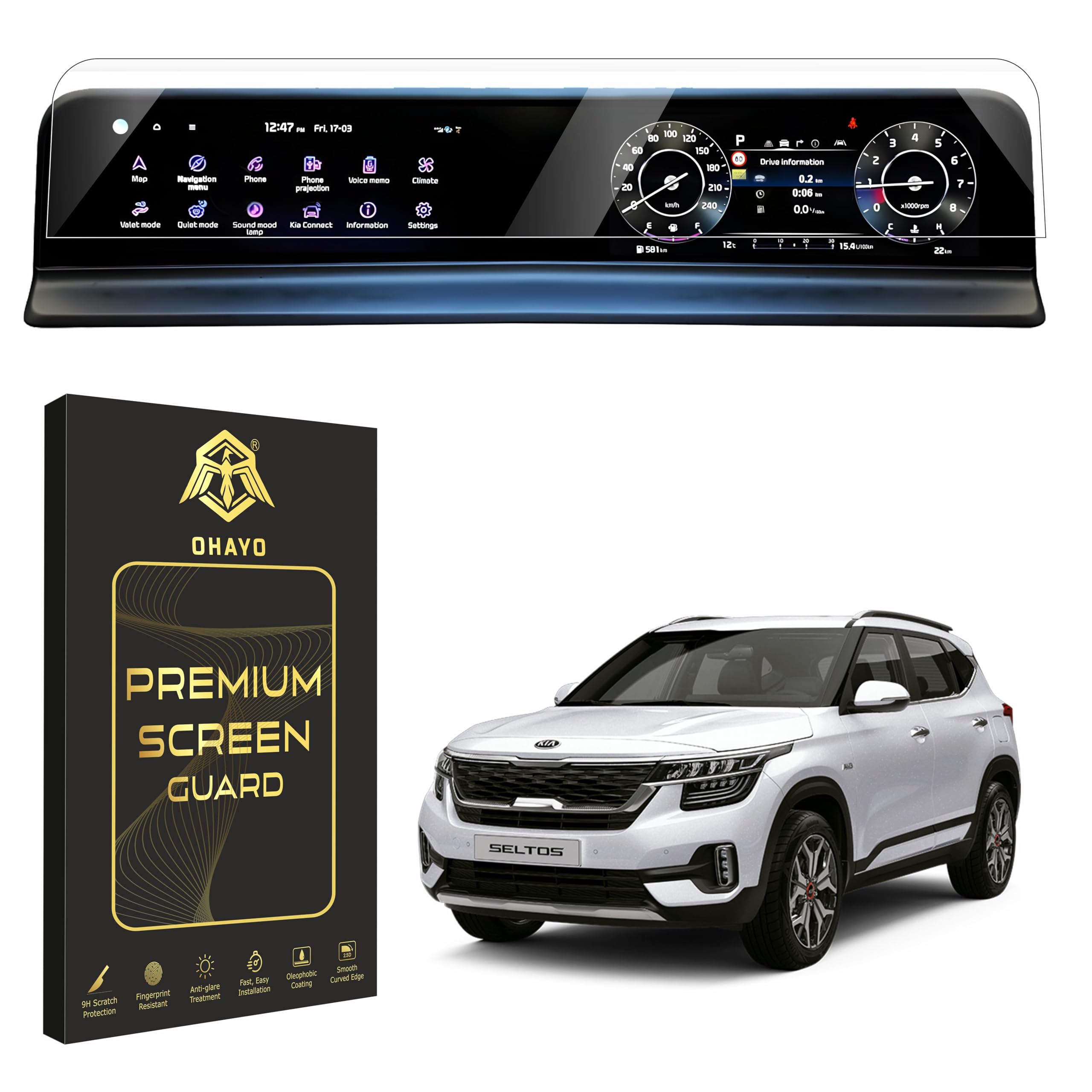 OHAYO Military Strength Screen Protector For Kia Seltos Facelift 9H+ Hardness, Strong Protection, Full Screen Edge-to-Edge Cover, Scratch Resistant, Bubble-Free Install, Ultra HD Clarity,With installation kit-image-5