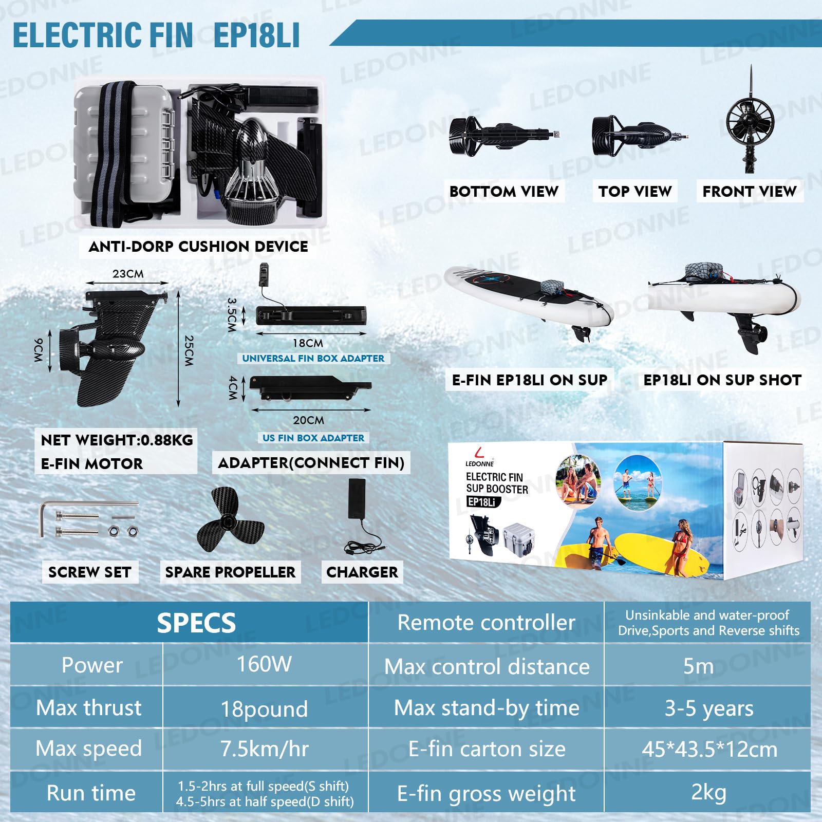 LEDONNE Electric Fin for SUP Electric Surf Fin Underwater Thruster Electric Fin SUP Conversion Kit Surf Booster Electric SUP Fin with Waterproof Battery with LED Battery Indicator