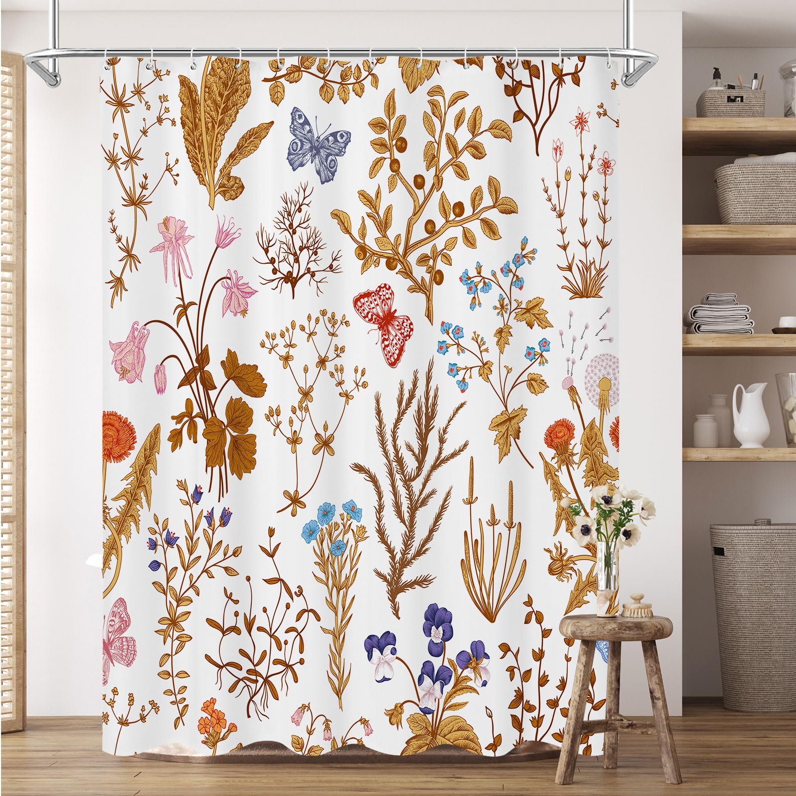 Litabel Gold Floral Shower Curtain with Vintage Wildflower and Butterfly for Cottagecore Floral Bathroom Decor, Yellow Botanical Shower Curtain for